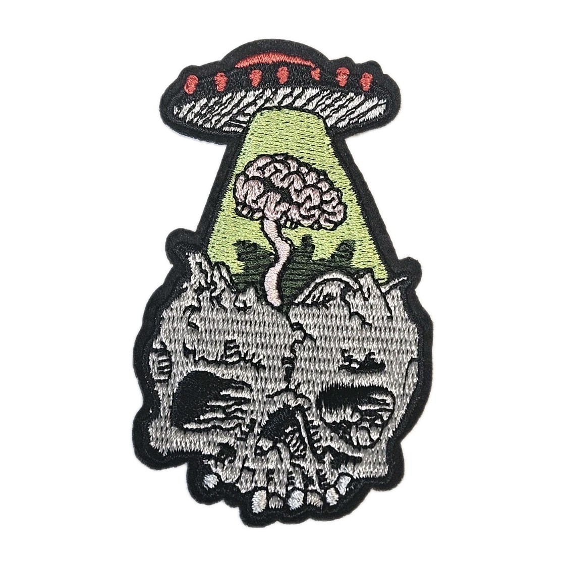Alien UFO Abducting Skeleton Brain Patch - Embroidered Iron On Patches