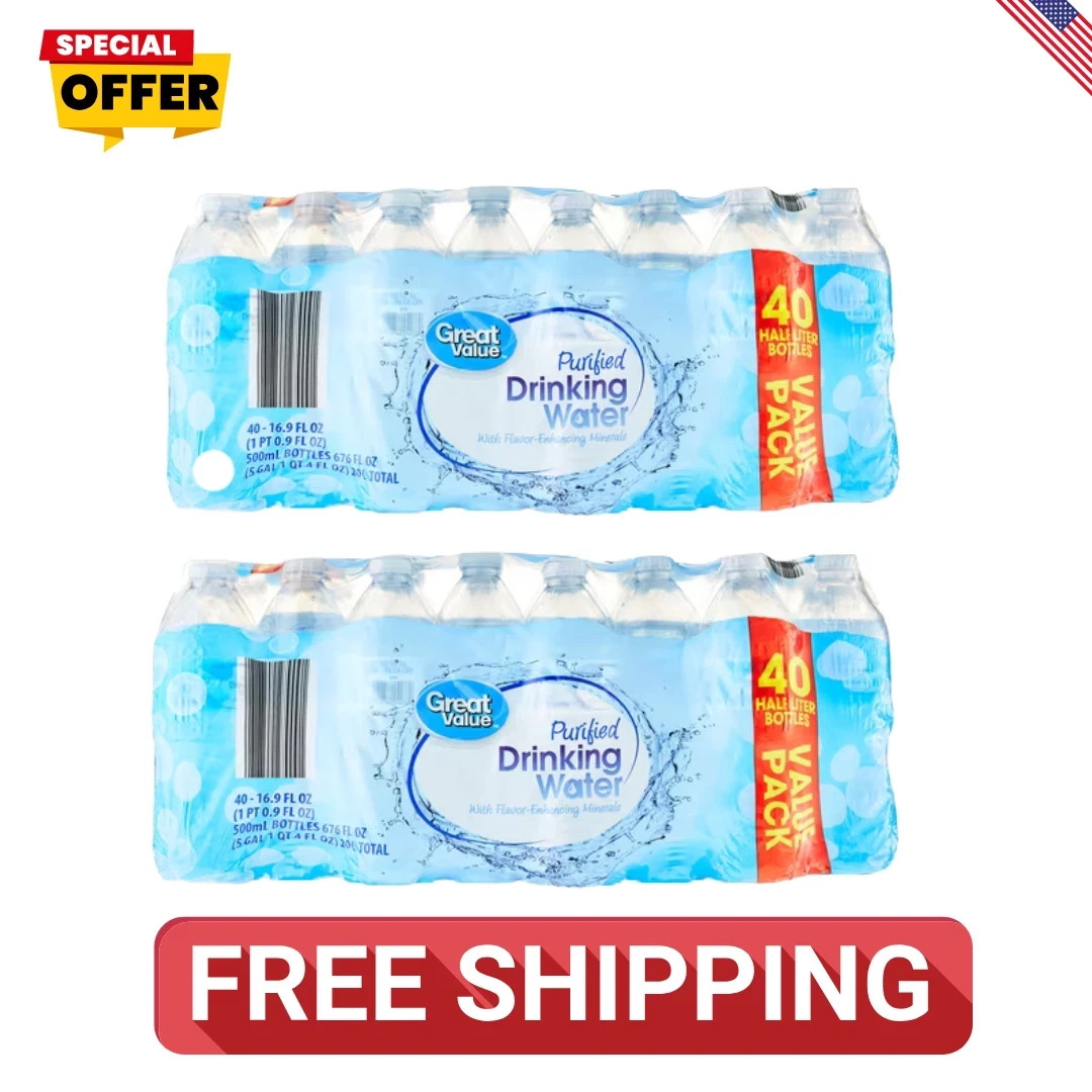 NEW (2 pack) 16.9 Fl. Oz., Great Value Purified Drinking Water, 40 Count``