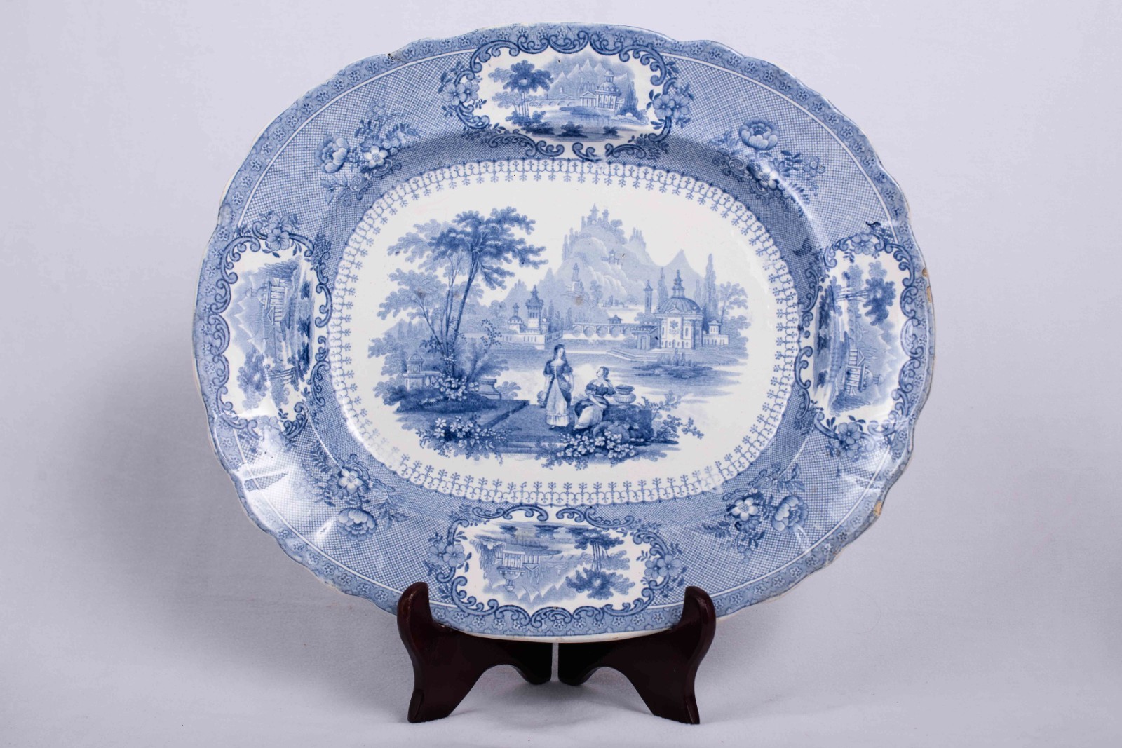 Antique mid-19th-century blue transferware ceramic platter- Cork & Edge England