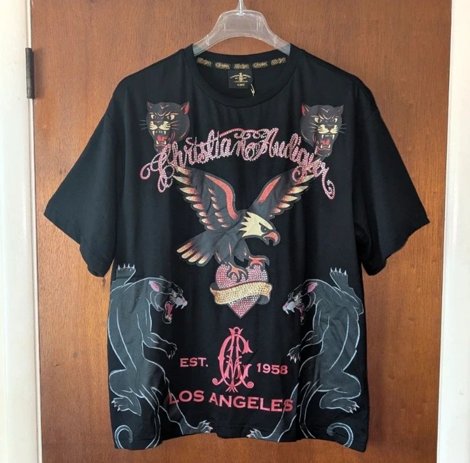 Christian Audigier Tattoo Print Rhinestone Vtg. 90s Style T-shirt Mens size Med. Christian Audigier Tattoo Print Rhinestone Vtg. 90s Style T-shirt Mens size Med.