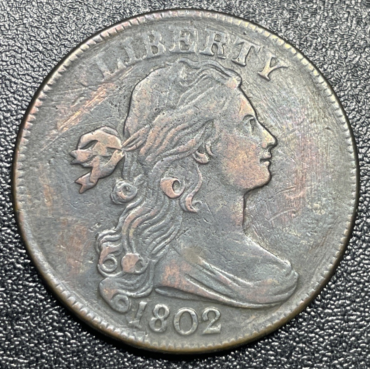 1802 Draped Bust Large Cent 1c S-236 LDS Reverse Cud Die Cracks VF+ Details