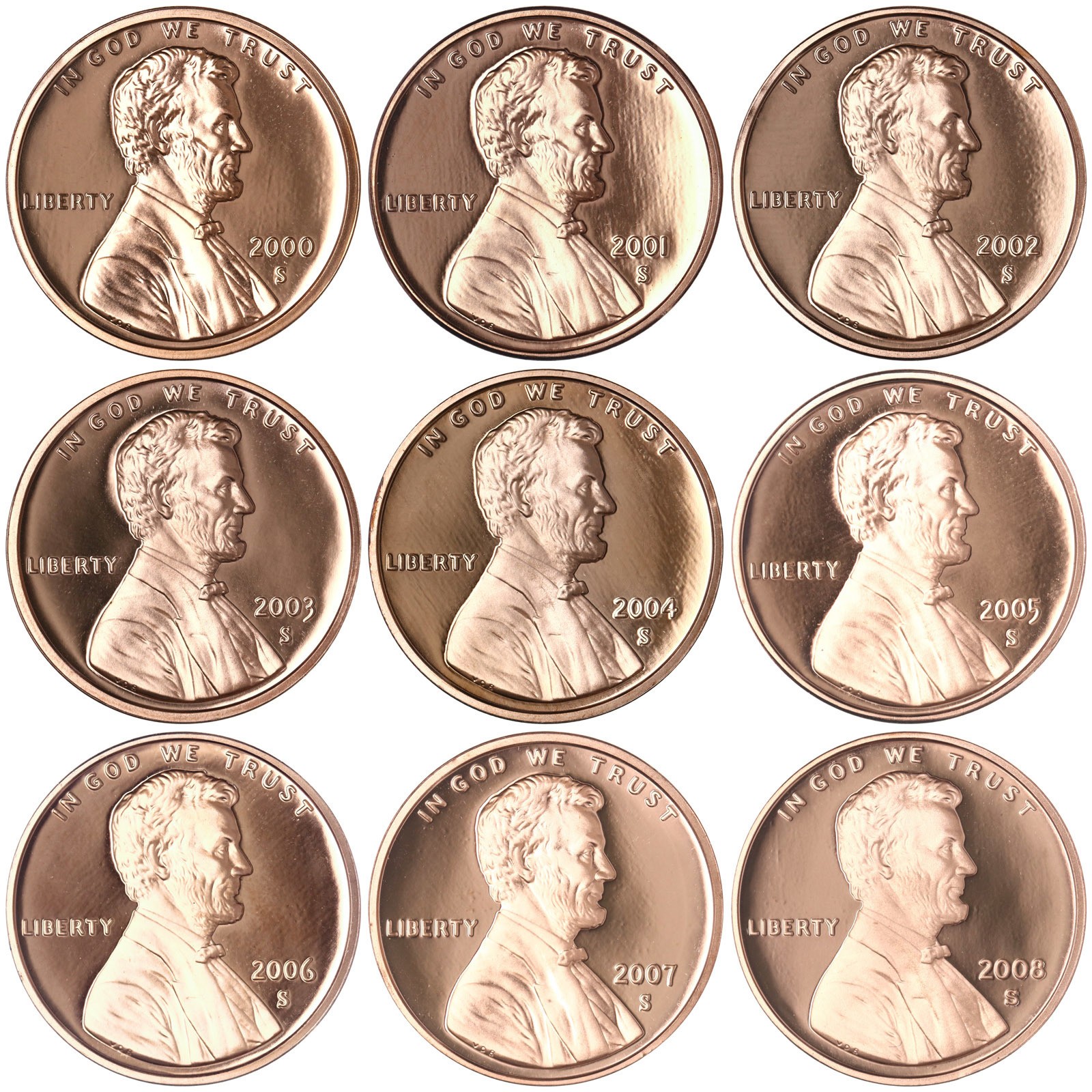 2000-2008 S Lincoln Memorial Cent Gem DCam Proof Run 9 Coin Set US Mint
