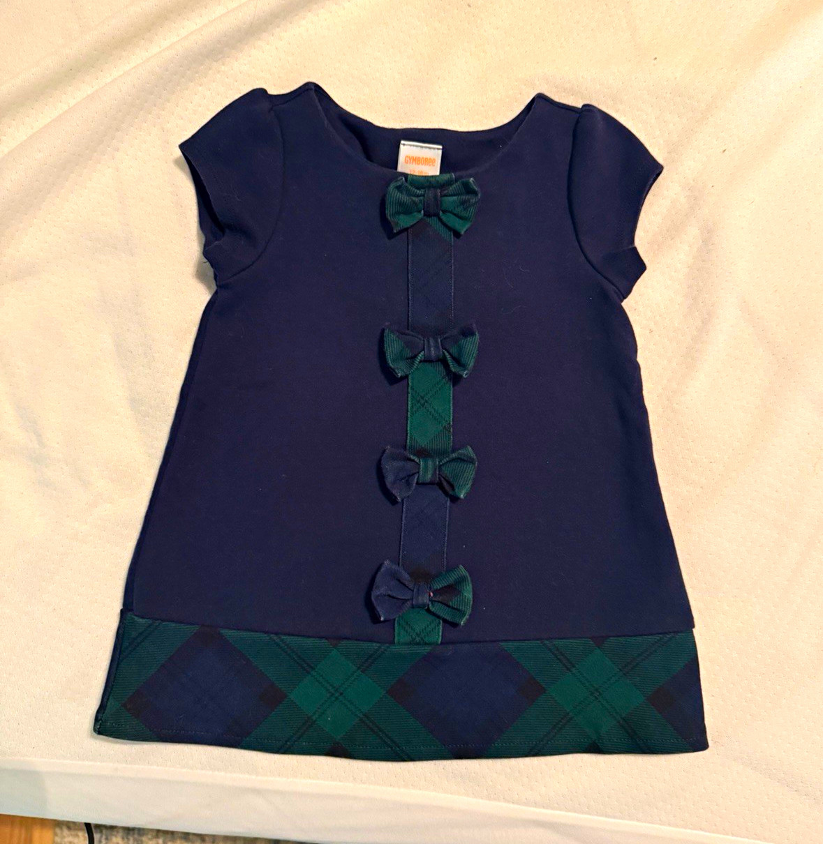 Gymboree Girls 12-18M Blue/Green Plaid A-Line Cap Sleeve Bow Pullover