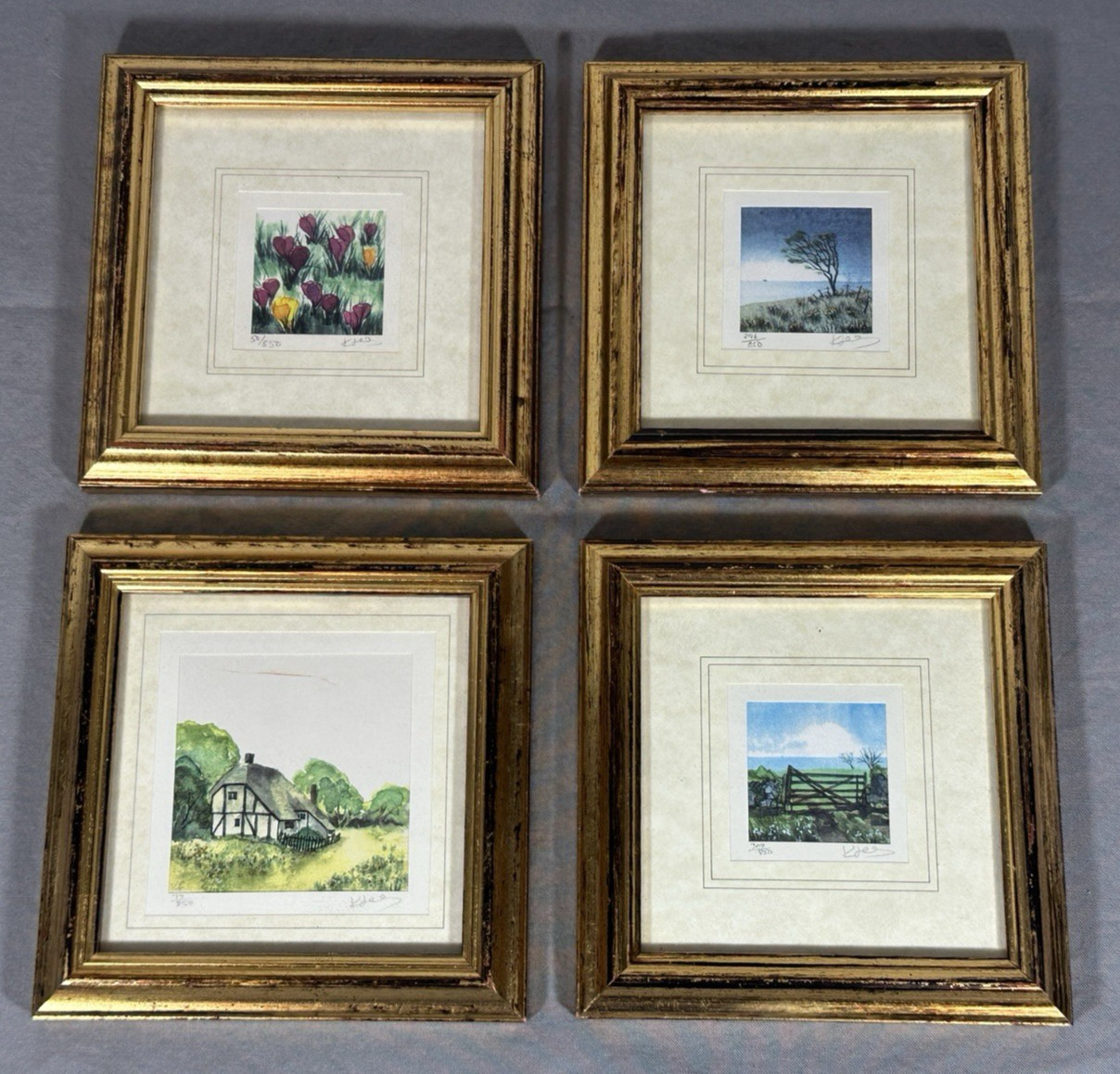 Kathleen Freeth Miniature Prints Set of 4 Signed Numbered England Framed 5x5