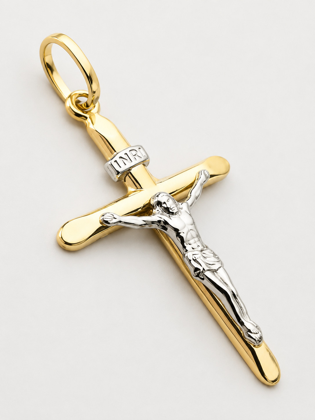 14K Solid Two Tone Gold Jesus Crucifix Cross Pendant INRI Religious Charm