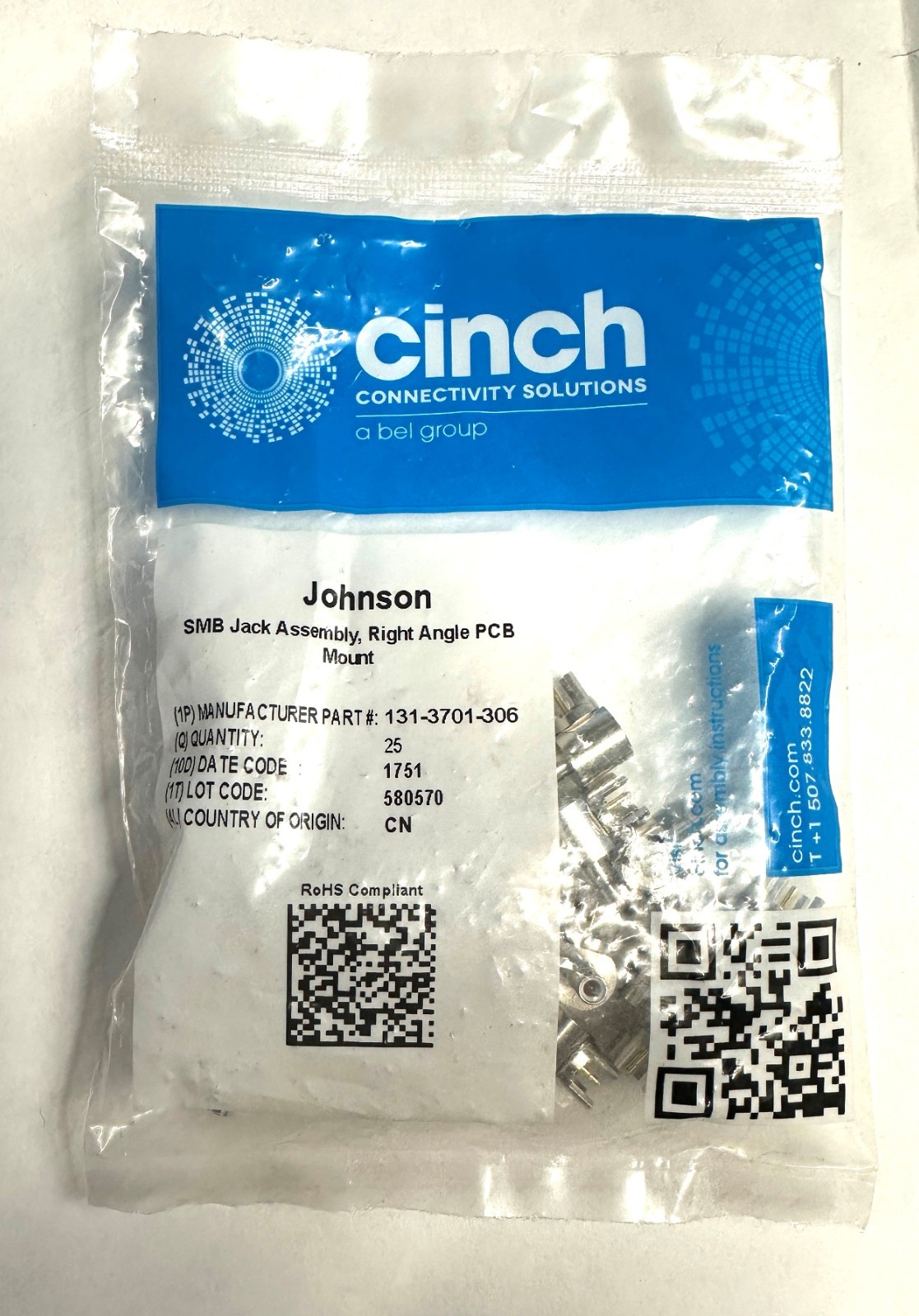 131-3701-306 JOHNSON COMPONENTS CONN SMB JACK R/A 50 OHM PCB (25 PCS BAG) NEW