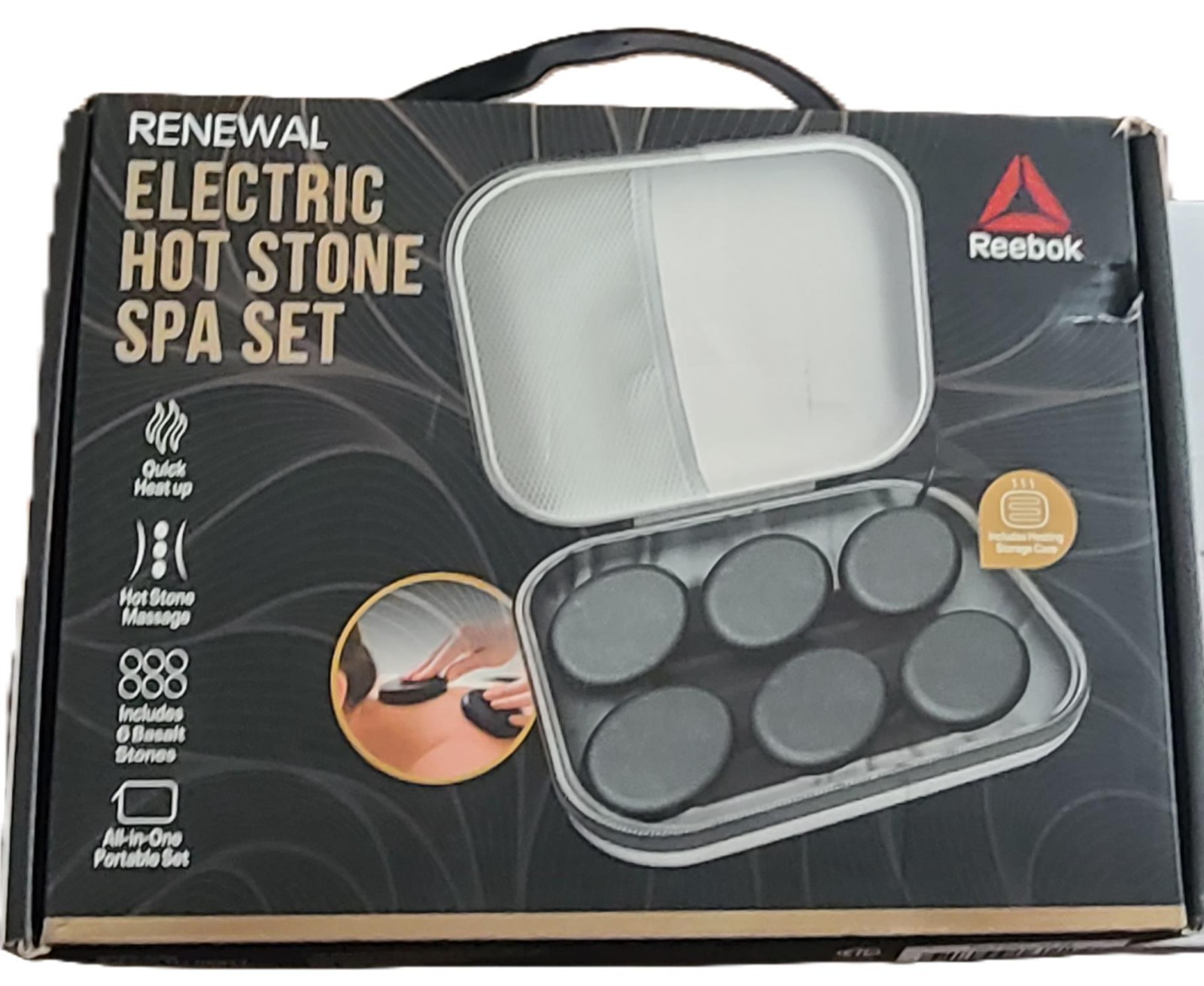 Reebok Renewal Electric Hot Stone Spa Set 6 Basalt Massage Stones Portable Case Reebok Renewal Electric Hot Stone Spa Set 6 Basalt Massage Stones Portable Case