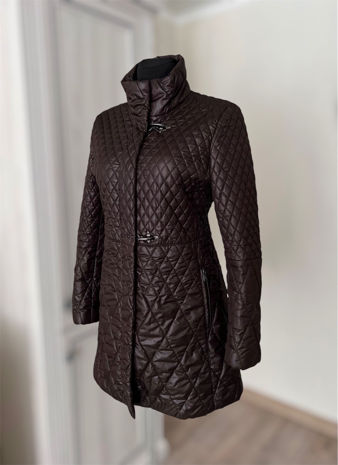 Fay Quilted Puffer Jacket Dark Brown Medium M Metal Hook Made in Italy