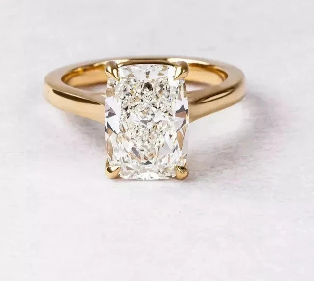 3CT D-VVS1 Elongated Cushion Real Moissanite Ladies Ring 14k Yellow Gold Plated