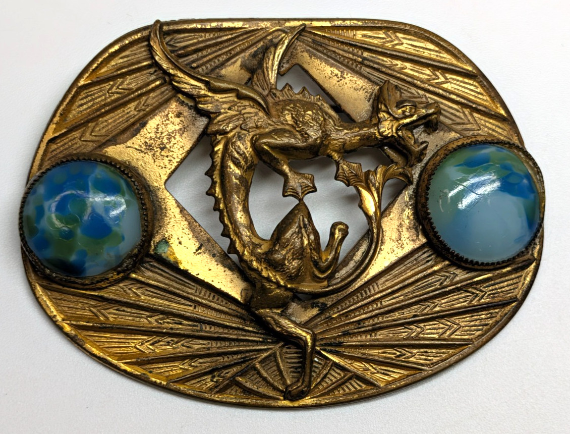 Antique Art Nouveau Czech Glass Griffin Wyvern Dragon Brass 2 3/8