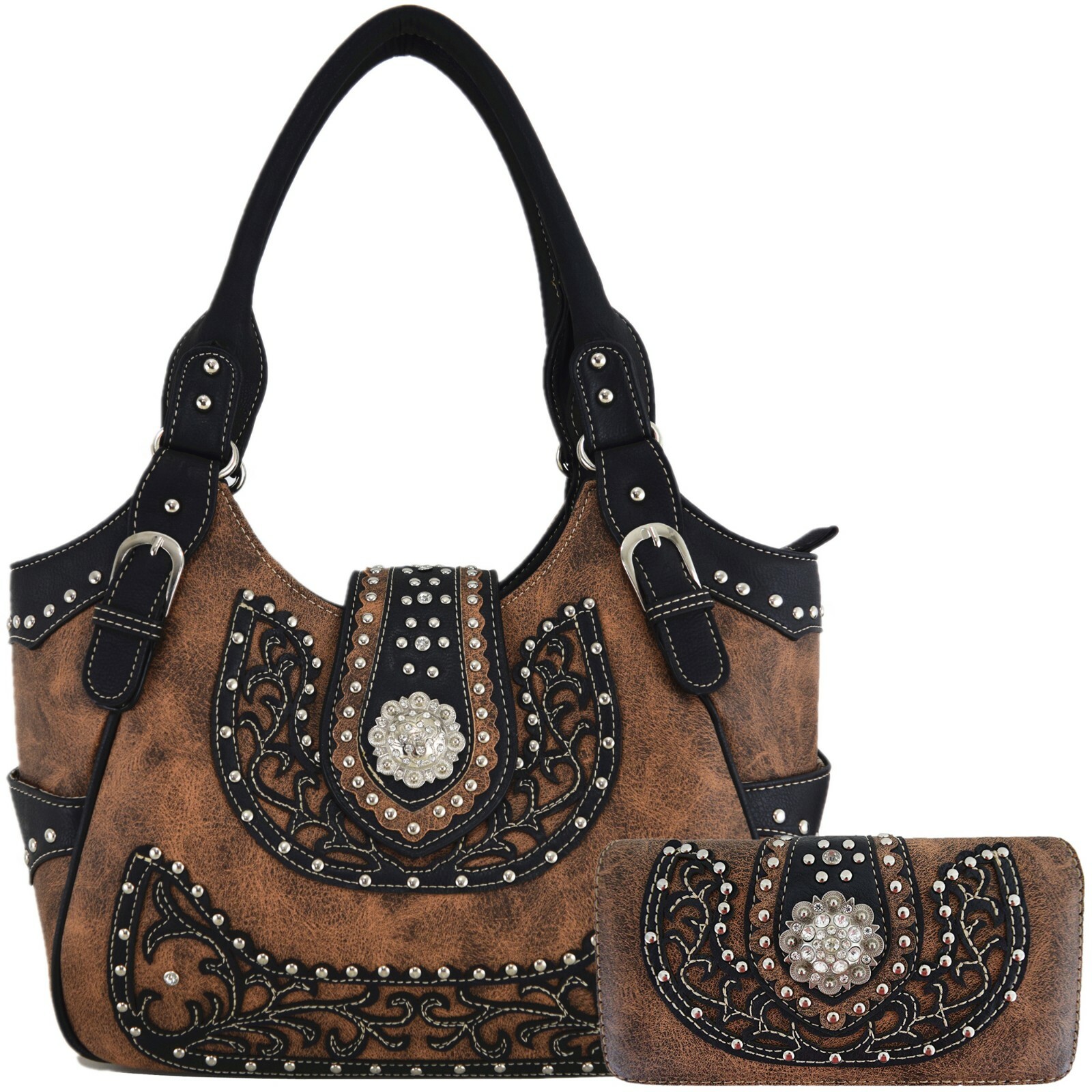 Western Purse Women\'s Western Concho Country Tote Bag Shoulder Bag Wallet Set