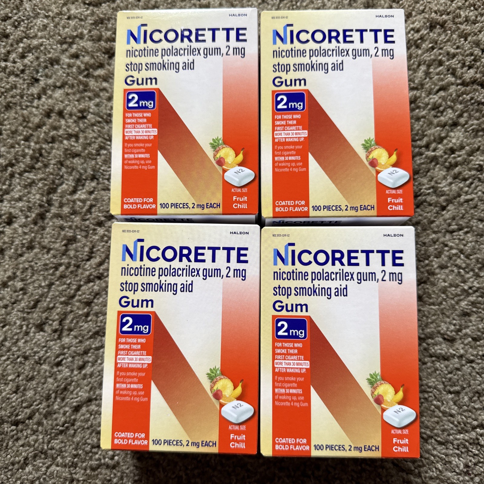 LOT OF 4 - Nicorette 2mg Nicotine Gum Fruit Chill 100 Pieces  EXP 2029