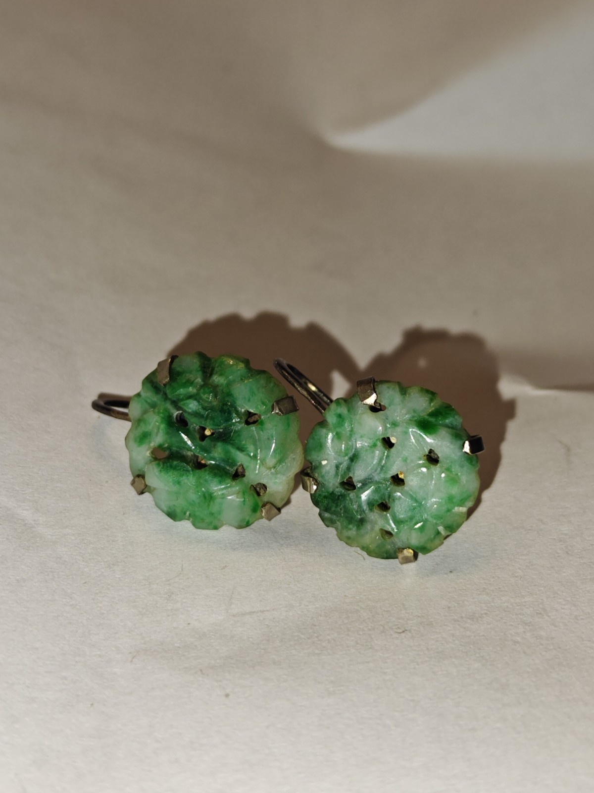 Antique Vintage Sterling Carved Natural Jadeite Earrings