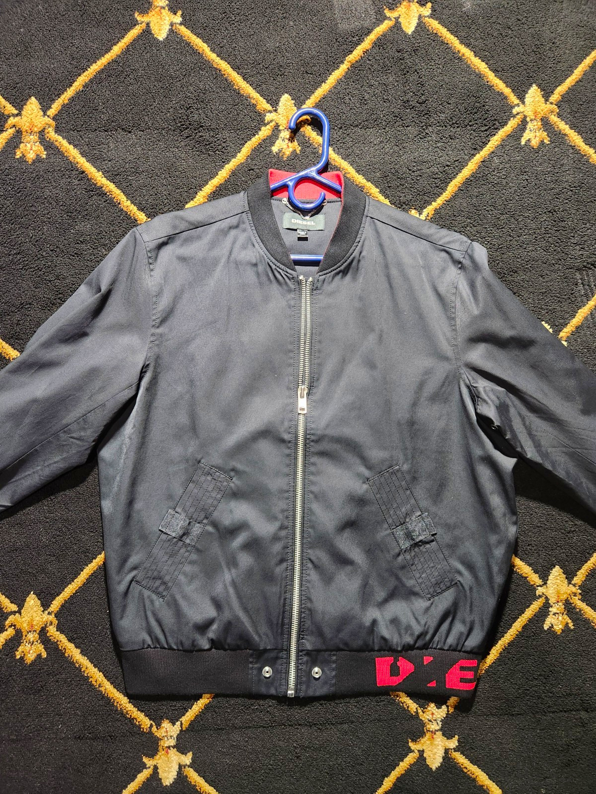 Diesel Men’s Bomber Jacket 2XL Black Red Logo Full Zip Pockets