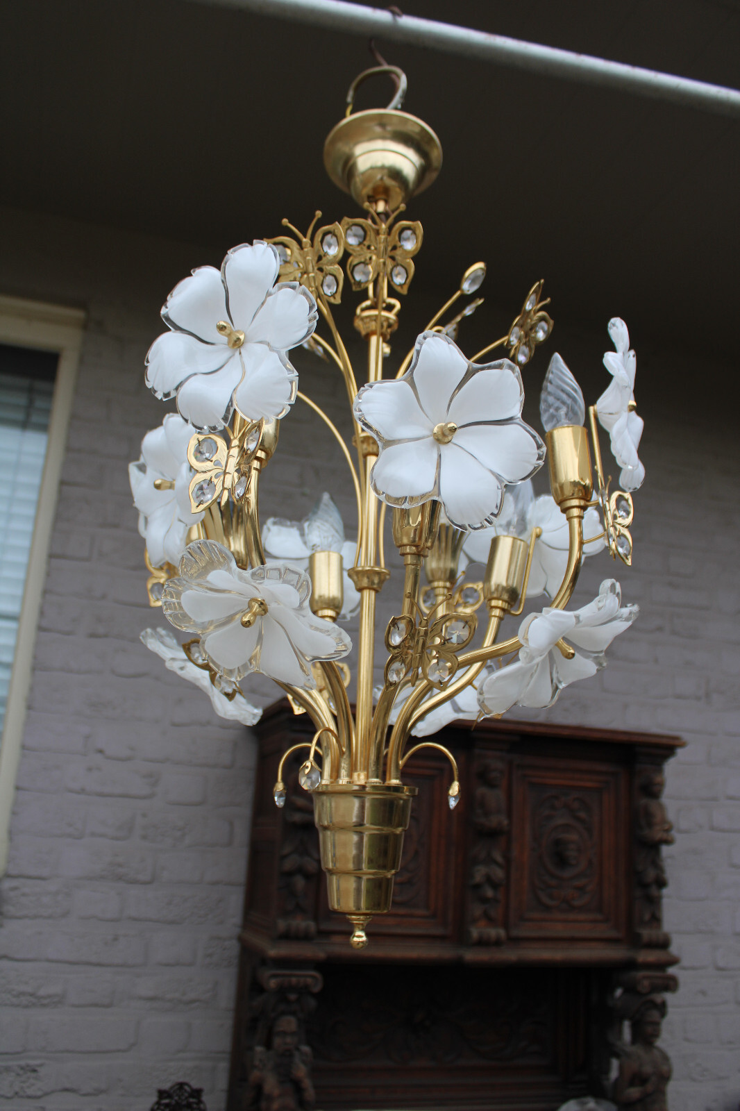 Rare Italian Brass and Murano Glass Flower Butterfly Chandelier Rare Italian Brass and Murano Glass Flower Butterfly Chandelier