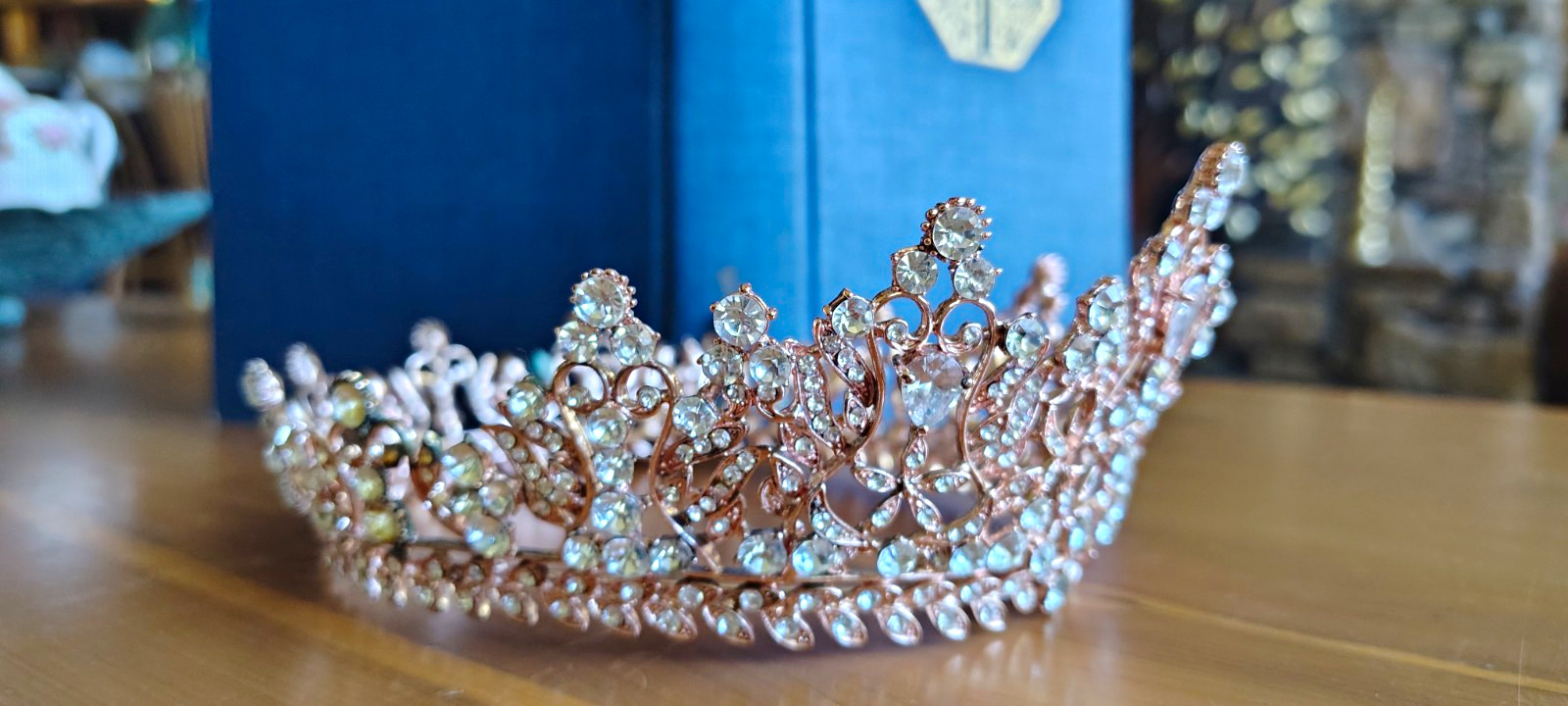 Rose Gold Metal Tiara Crown Clear Crystal Rhinestone Bridal Headpiece