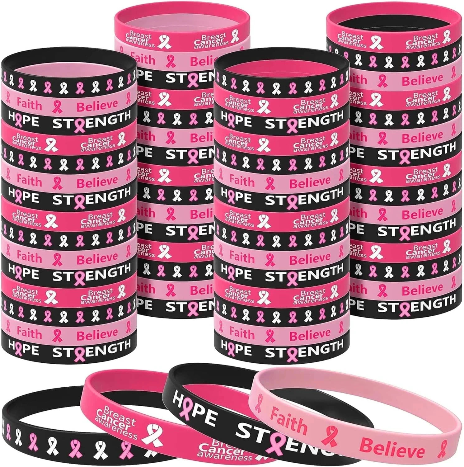 60 Pcs Breast Cancer Awareness Silicone Wristbands - Unisex Ribbon Breast Cancer