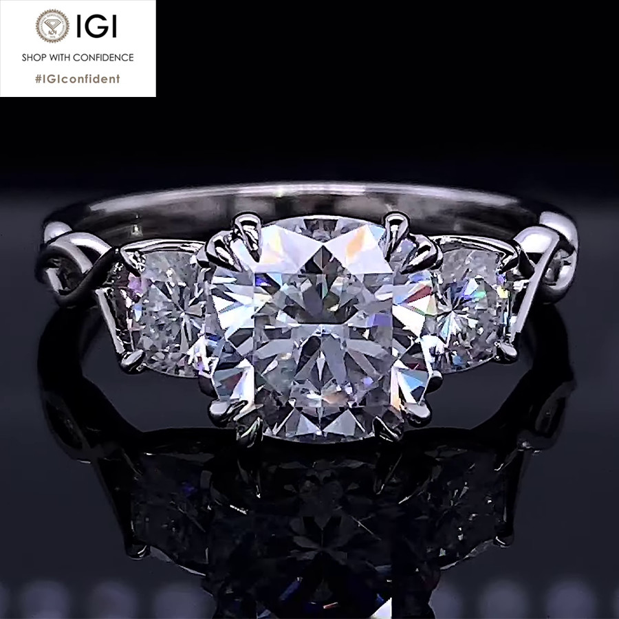 4.50Tcw IGI E VS1 Cushion Cut Lab Grown Diamond Three-Stone Ring 14K White Gold