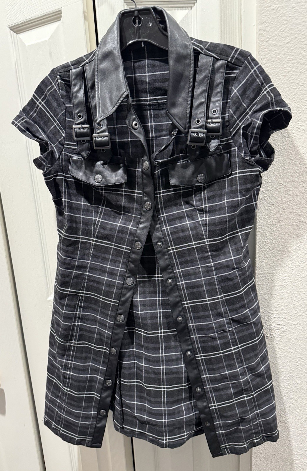 Killstar (Gothic) Plaid Dress with Faux Leather Collar~Trim/Buckle Features Killstar (Gothic) Plaid Dress with Faux Leather Collar~Trim/Buckle Features
