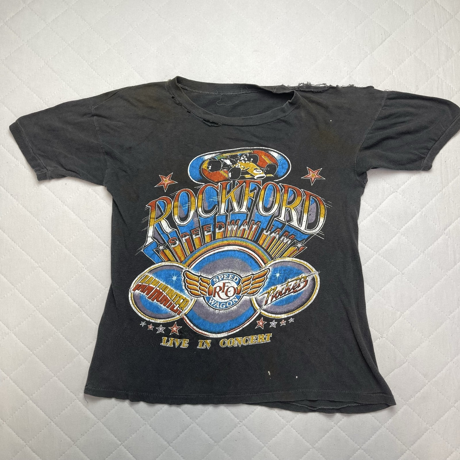 Vintage Rockford Speedway Jam Shirt Mens XS Black REO Speedwagon 1979 Thrashed