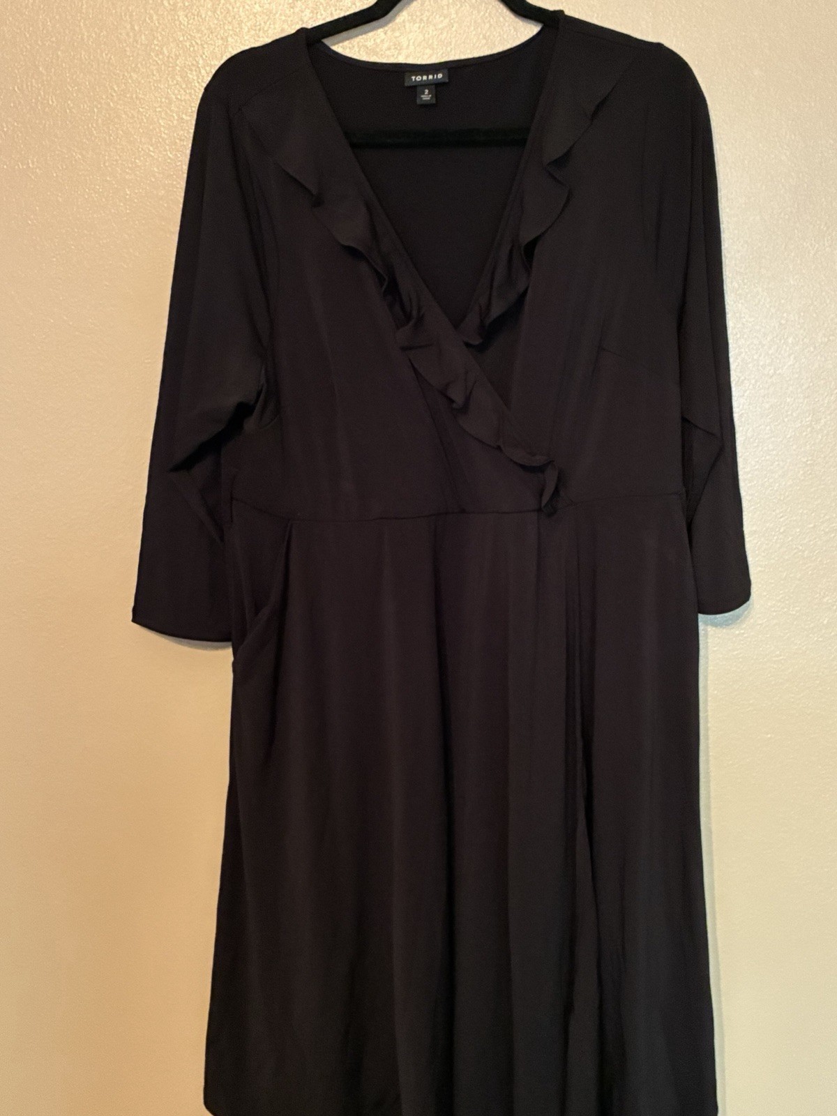 Torrid Black Ruffle Neck Mock Wrap Dress W/ Pockets Size 2X Torrid Black Ruffle Neck Mock Wrap Dress W/ Pockets Size 2X