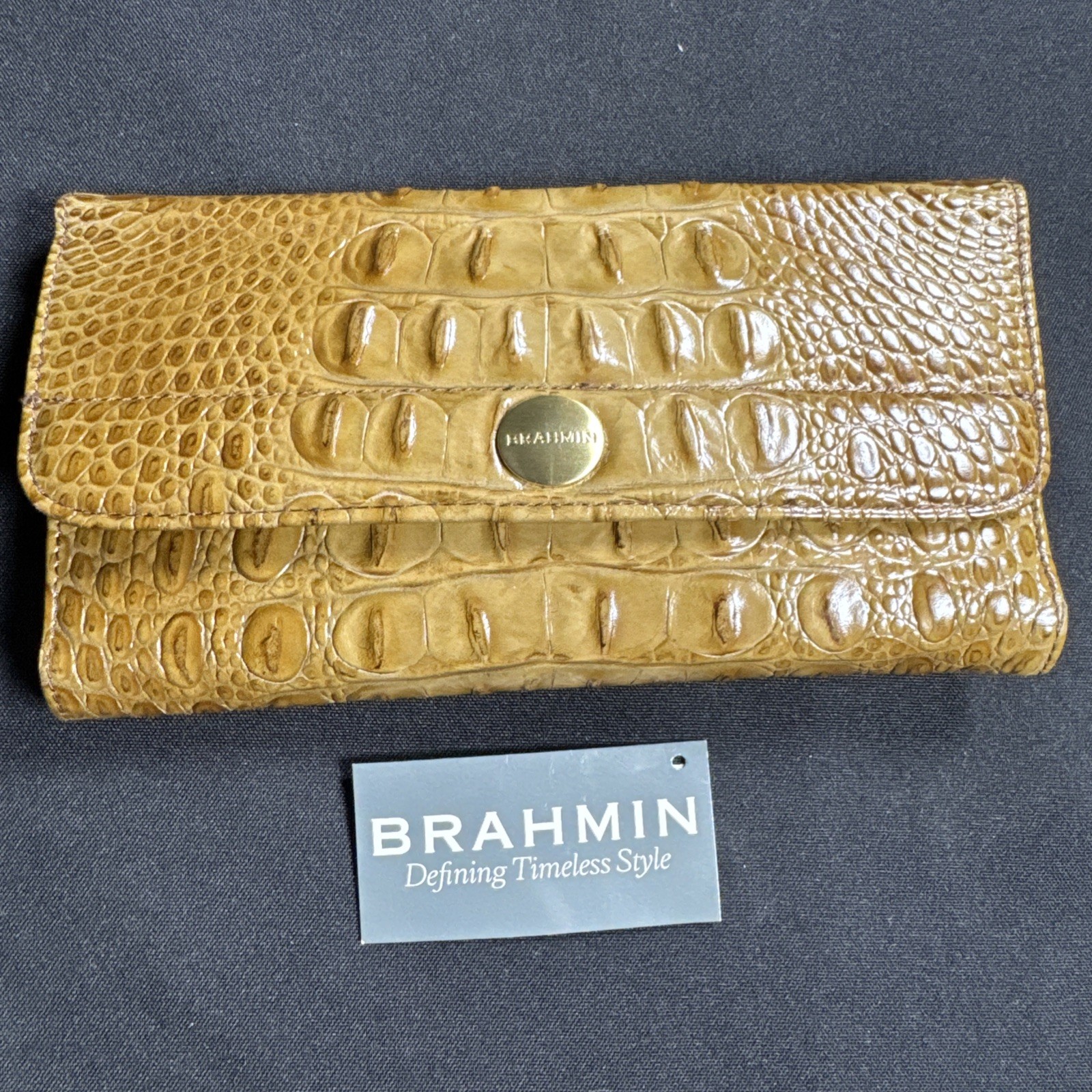 New Brahmin Modern Soft Checkbook Tri-fold Wallet Walnut Melbourne With Pen