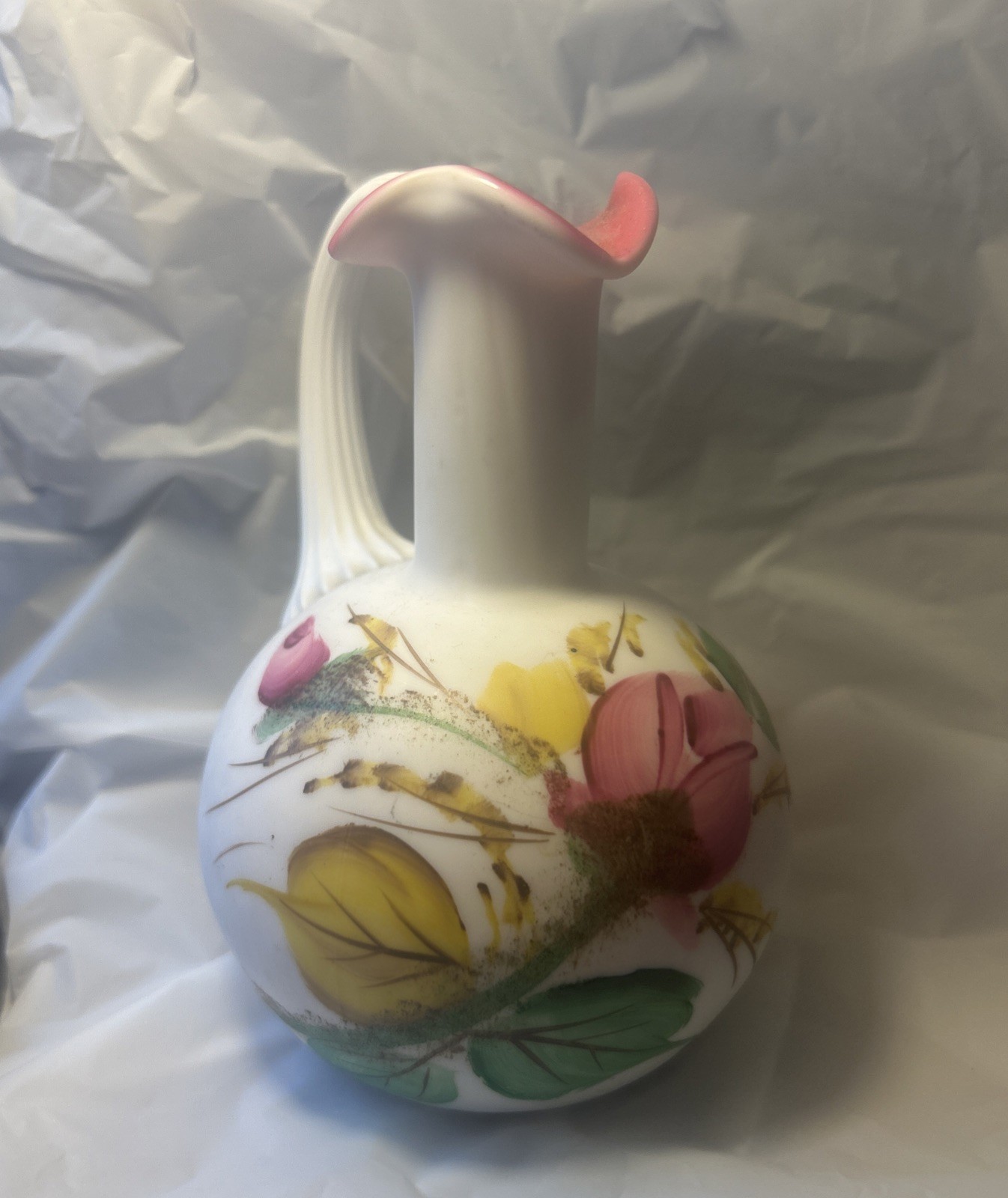Vtg Fenton Moss Rose Hand Painted Rose Bud Milk Glads Cruet/Pitcher, No Stopper.