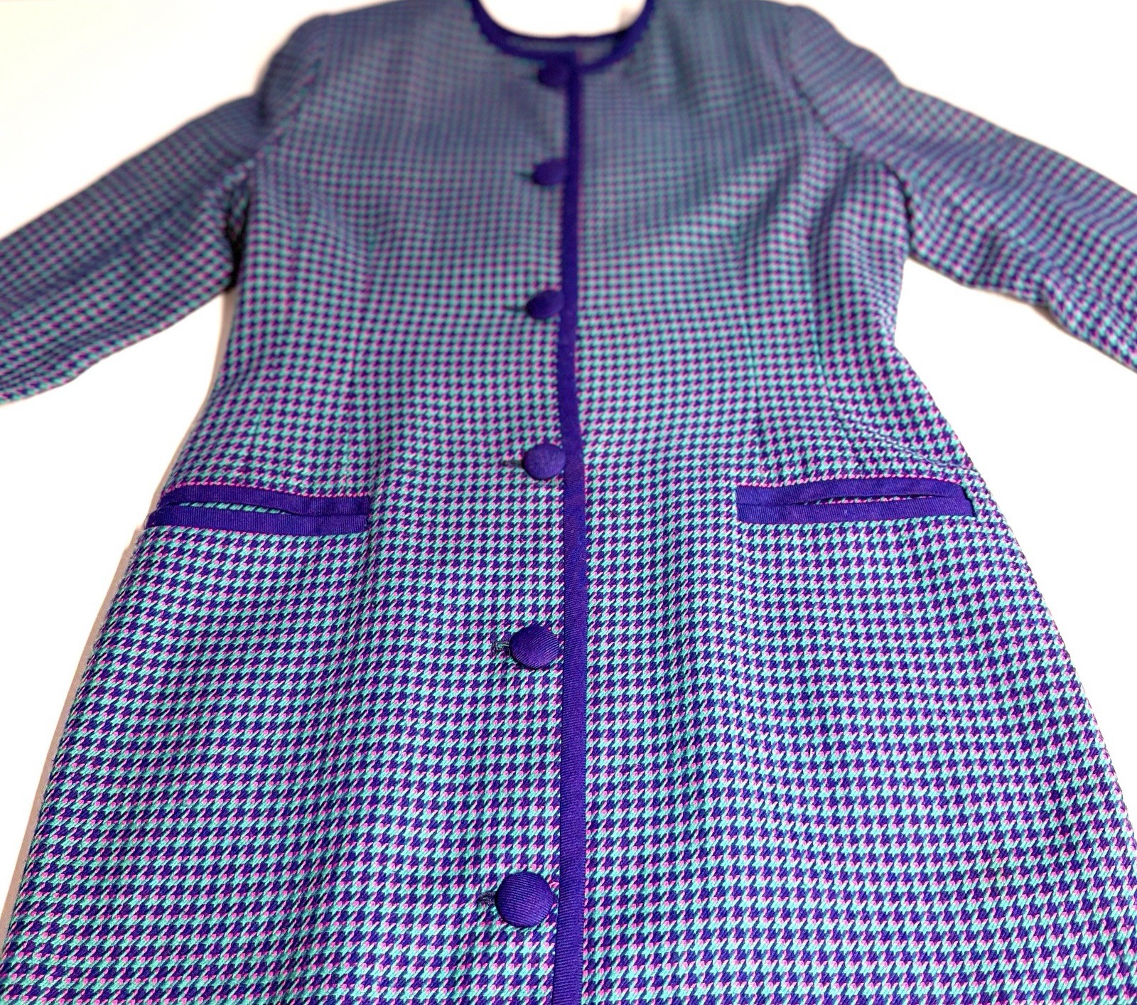 VTG 80s Mod Teal Purple Houndstooth Collarless Coat Dress Retro Mid Century S/M VTG 80s Mod Teal Purple Houndstooth Collarless Coat Dress Retro Mid Century S/M