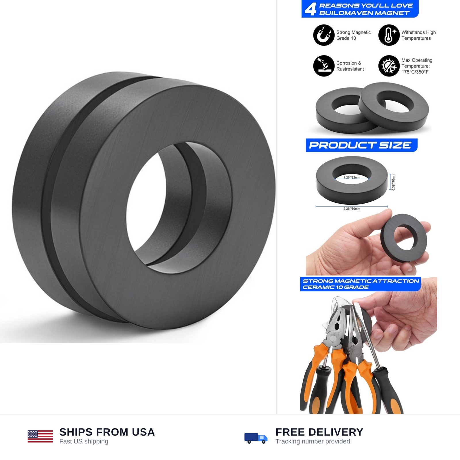 BuildMaven Large round magnets grade 10 heavy duty OD60mm ID32mm 10mm pack of 2