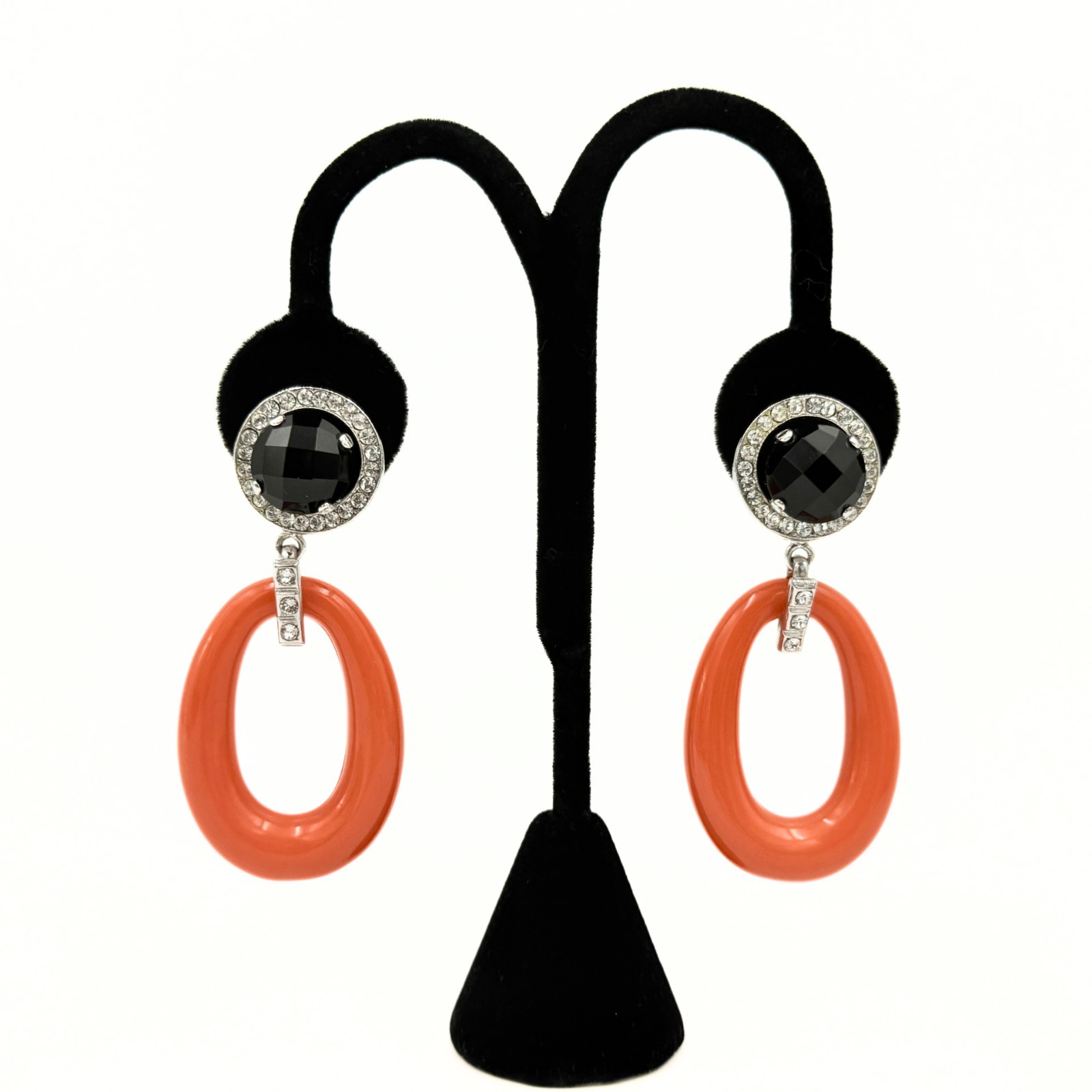 Carlo Zini Signed Vintage Orange Resin Black Rhinestone Italy Clip On Earrings 