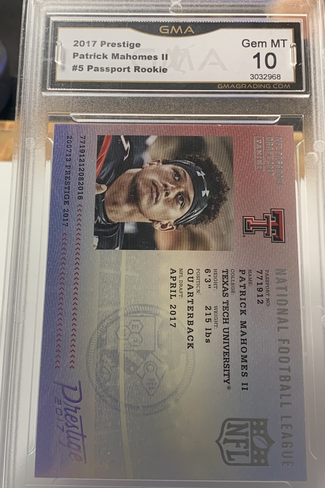 2017 Panini Prestige Patrick Mahomes II NFL Passport Rookie RC #5 GMA GEM MT 10 2017 Panini Prestige Patrick Mahomes II NFL Passport Rookie RC #5 GMA GEM MT 10