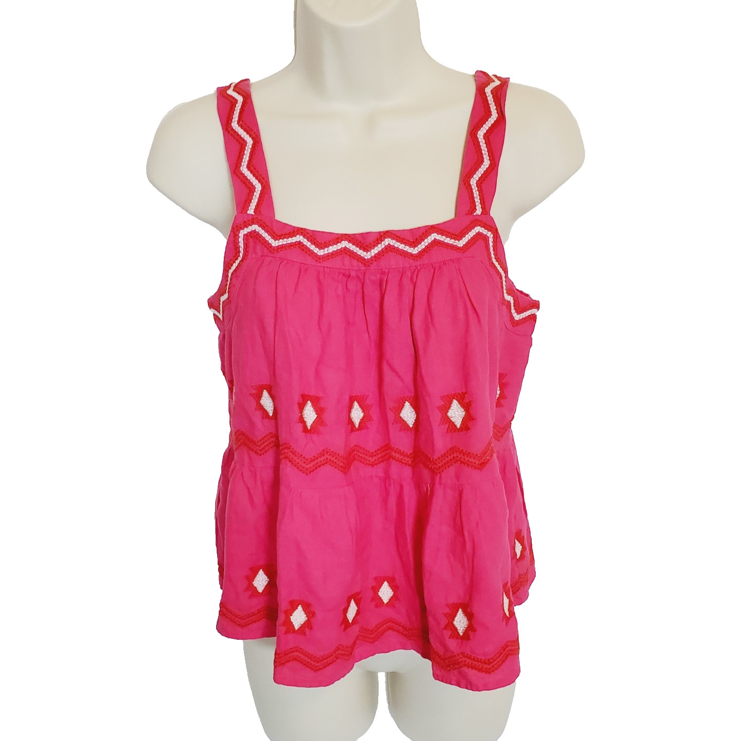 NWT LOFT Women\'s Linen Blend Top XS Pink White Embroidered Boho Aztec