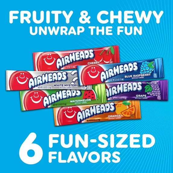 Airheads Chewy Candy Bars, Assorted Flavors, Nut Free, Regular Size, 33 oz, 60 C
