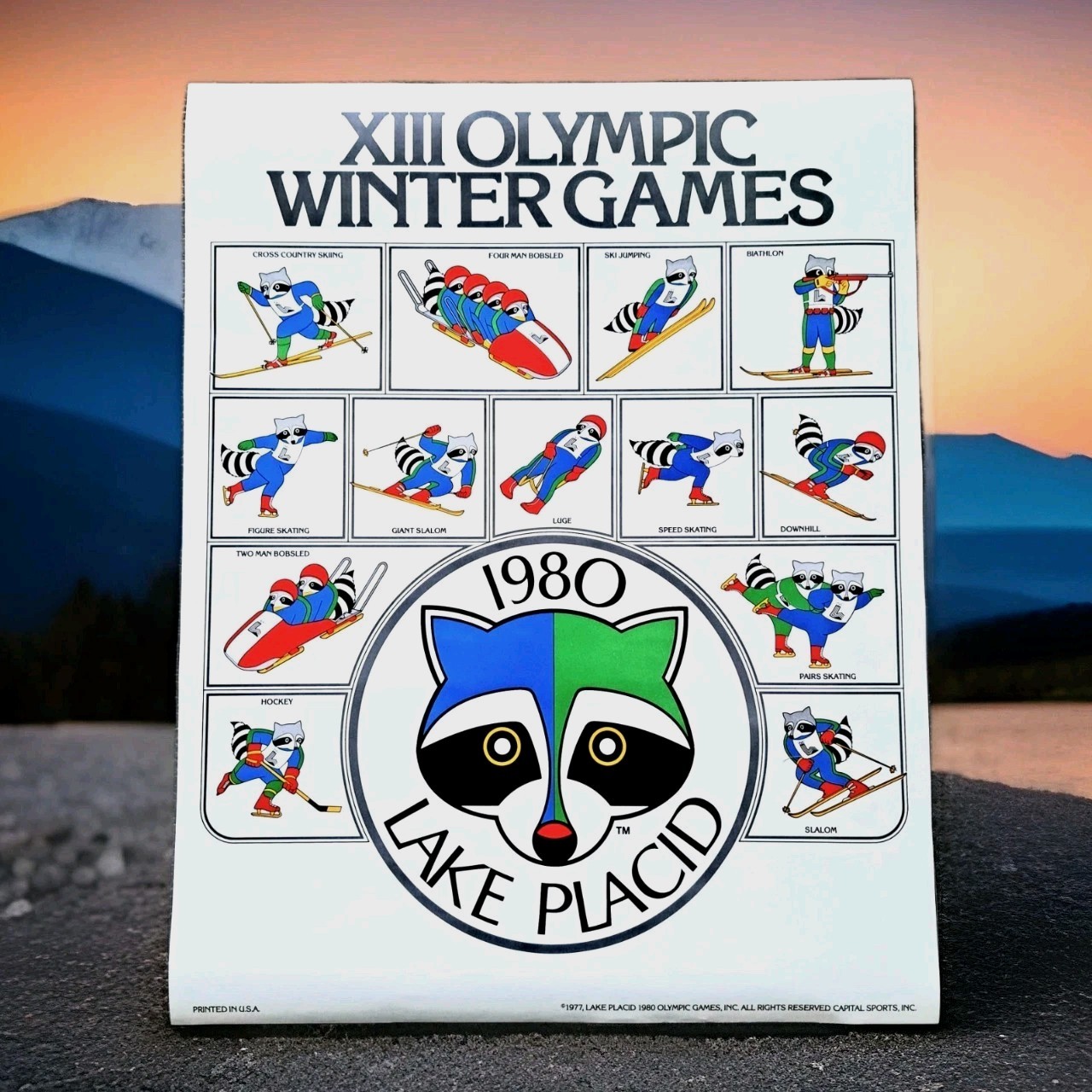 1980 Winter Olympics Vintage Roni Raccoon Olympic Events Poster (Original) 