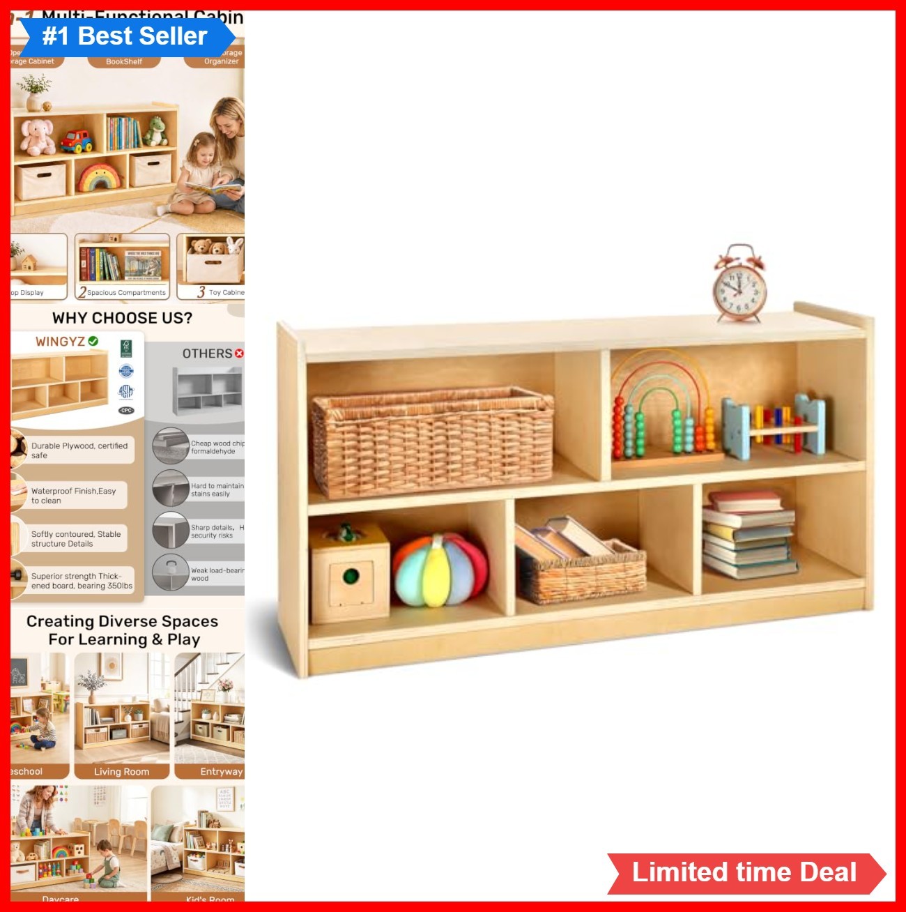 Kids Bookshelf 5 Cube Wooden Storage Cabinet 45 Inch Natural Wood Toy Organizer