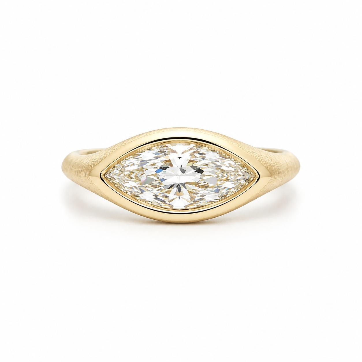 18k Gold 1.02ct GIA Marquise Bezel Diamond East West Solitaire Brushed Ring