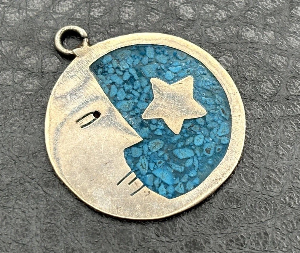 Mexican Silver Tone Turquoise Chip Inlay Moon Star Pendant Celestial Charm