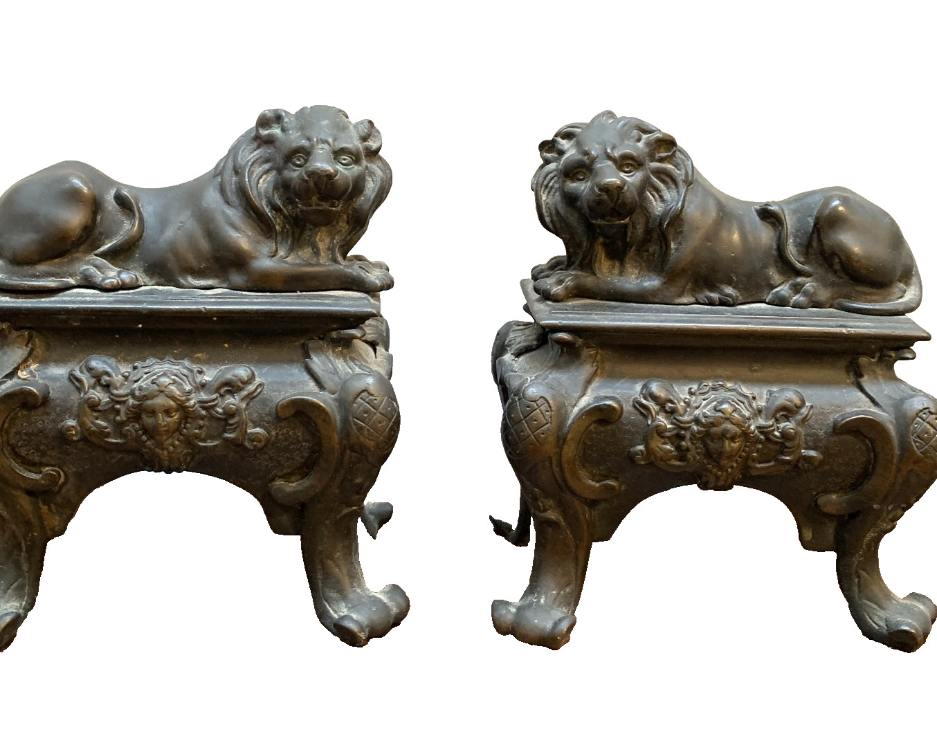 VTG Stunning Pair of Cast Iron Lion Andiron Set Chenet Laying w/Angels Claw Feet VTG Stunning Pair of Cast Iron Lion Andiron Set Chenet Laying w/Angels Claw Feet