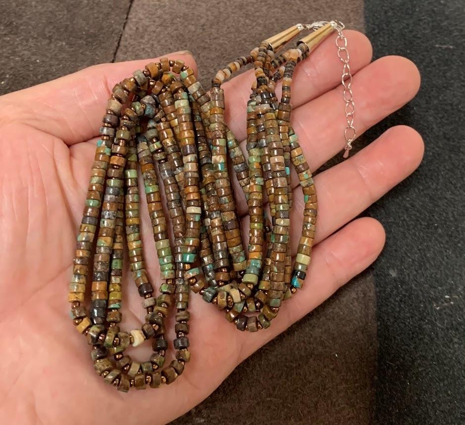 Genuine tri-strands old looking turquoise heishi necklace/(t195e-w1)