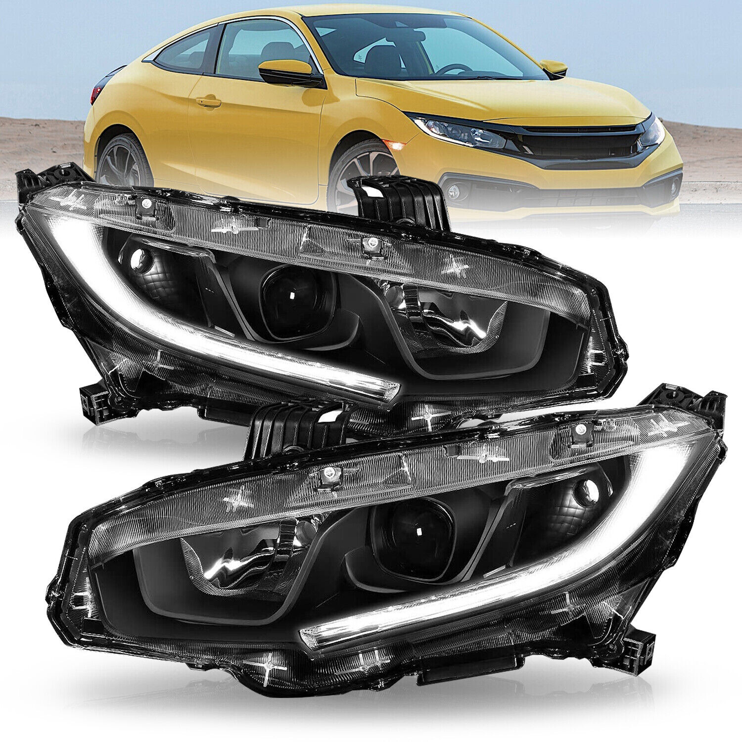 For 2016-2021 Honda Civic LED DRL Black Projector Headlights Assembly Lamps Pair