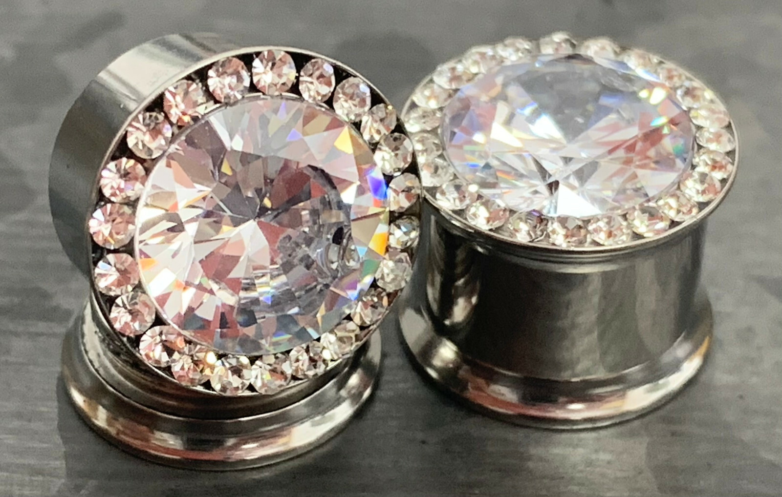 PAIR Large Gem w/Gem Rim Bling Internally Threaded Double Flare Tunnels Plugs PAIR Large Gem w/Gem Rim Bling Internally Threaded Double Flare Tunnels Plugs
