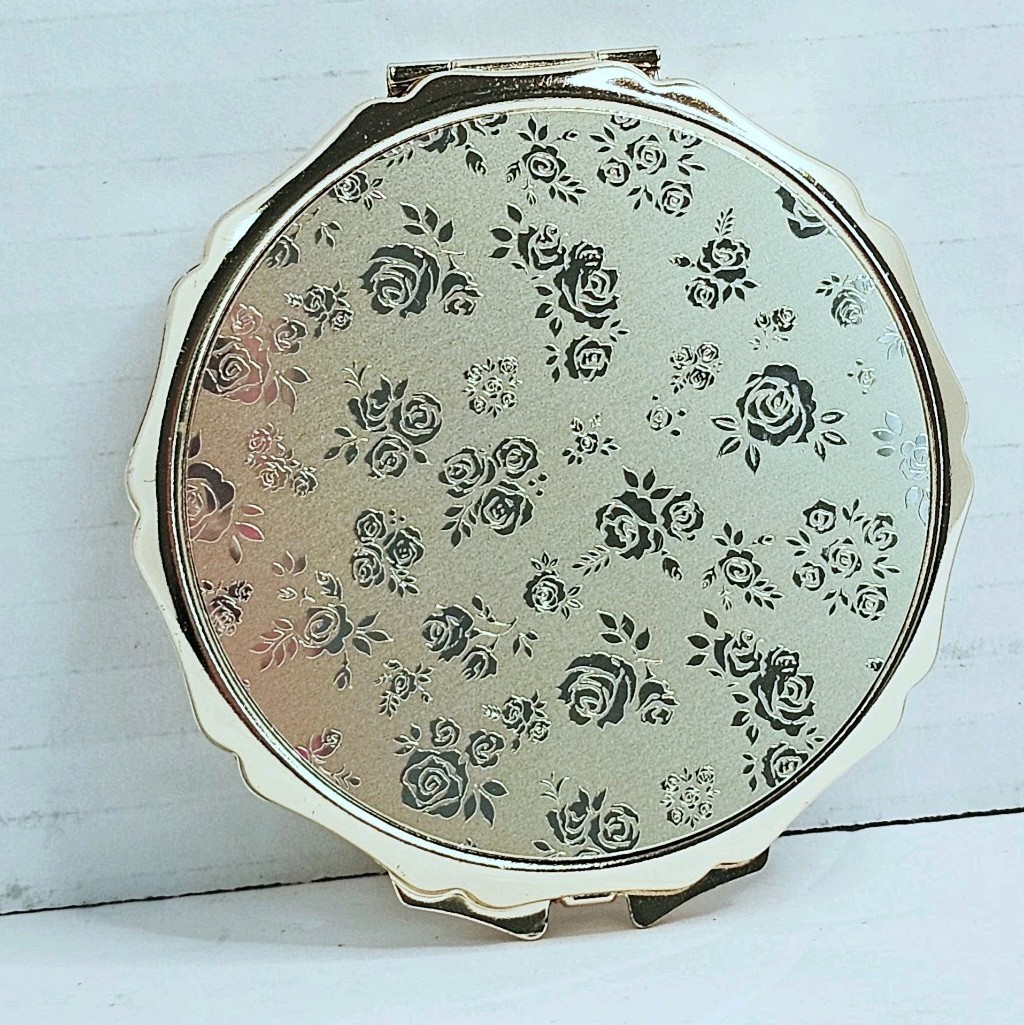 Vintage Eisho Japan Gold Tone Powder Compact Mirror Rose Floral Puff 1950s Clean