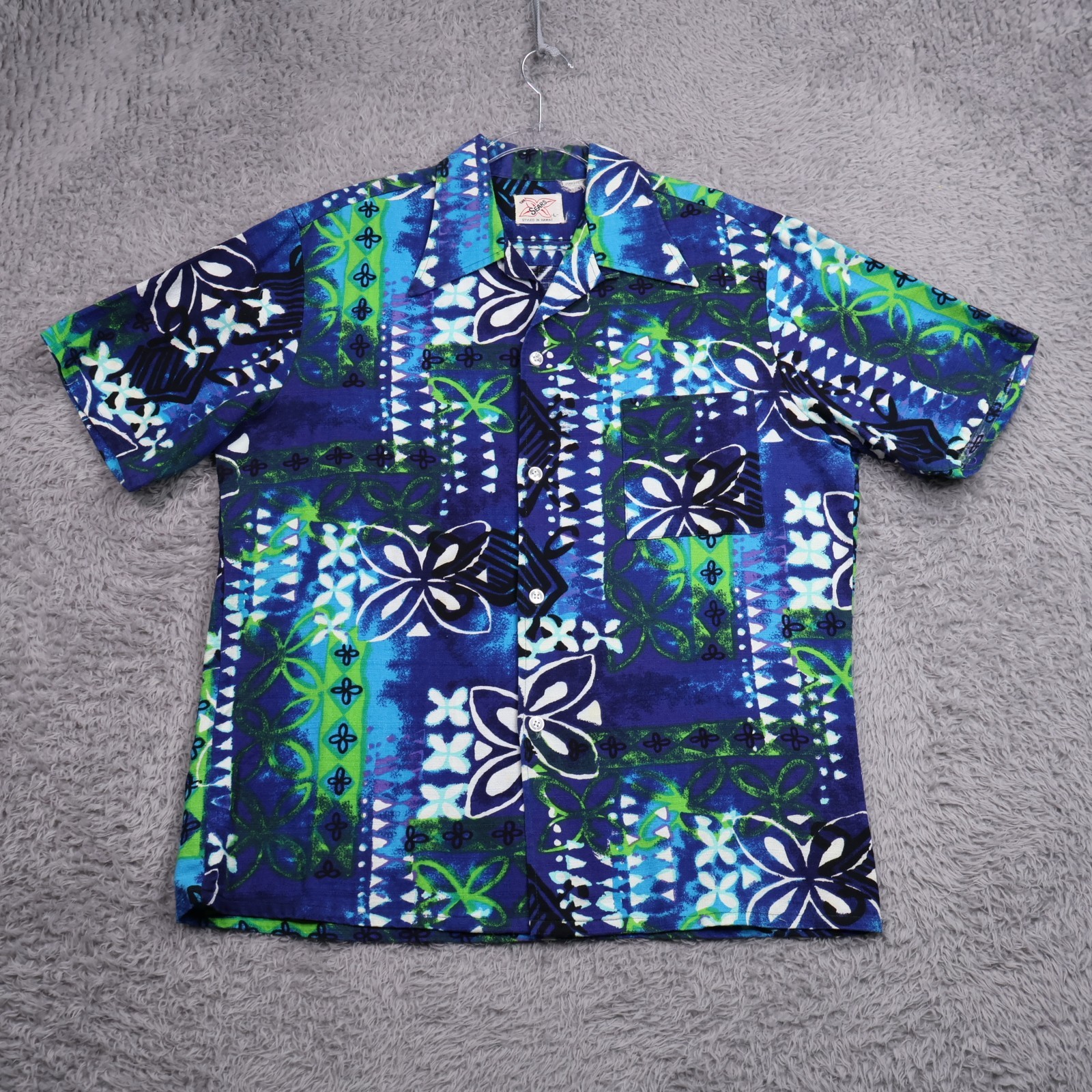 Vintage 70s Sears Hawaiian Shirt Barkcloth Blue Loop Collar Floral Tribal Large