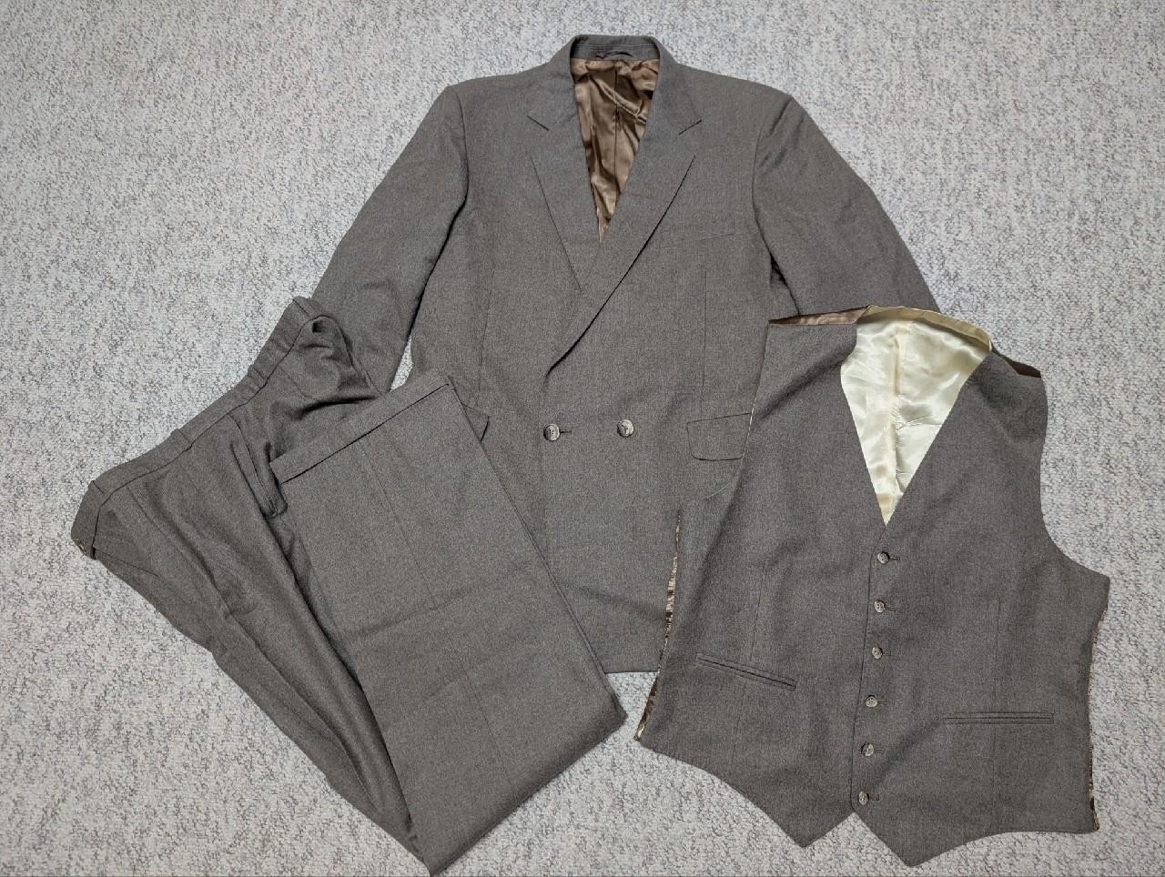 vintage ENGLAND made 3PC SUIT double breasted 44L 38x36 flannel BESPOKE custom