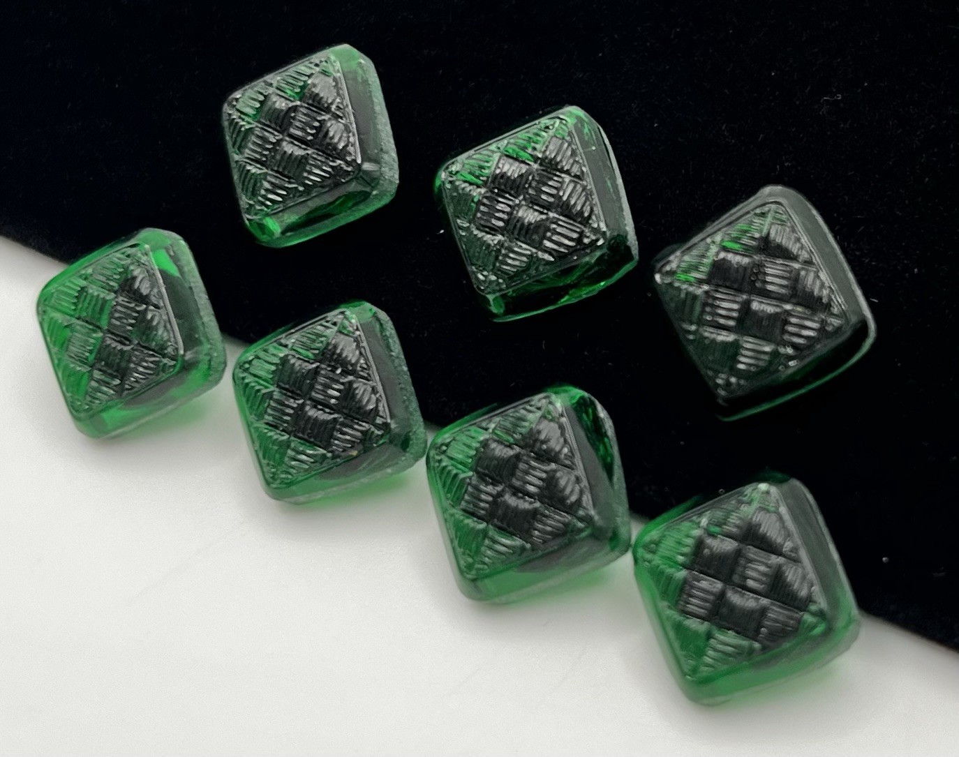 (7) NOS Dimi Green Czech Glass Shank Square Buttons VTG