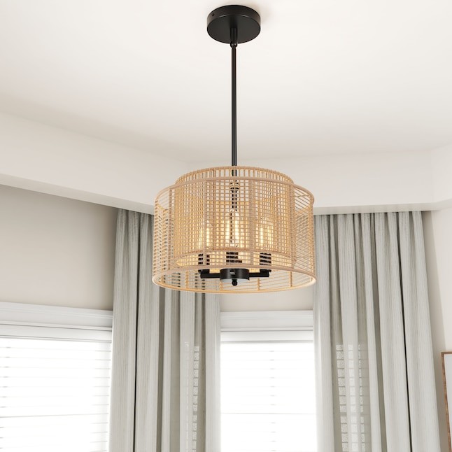Aiwen 14.76\'\' Boho Hand Woven Rattan Chandelier Black Farmhouse 4-Light
