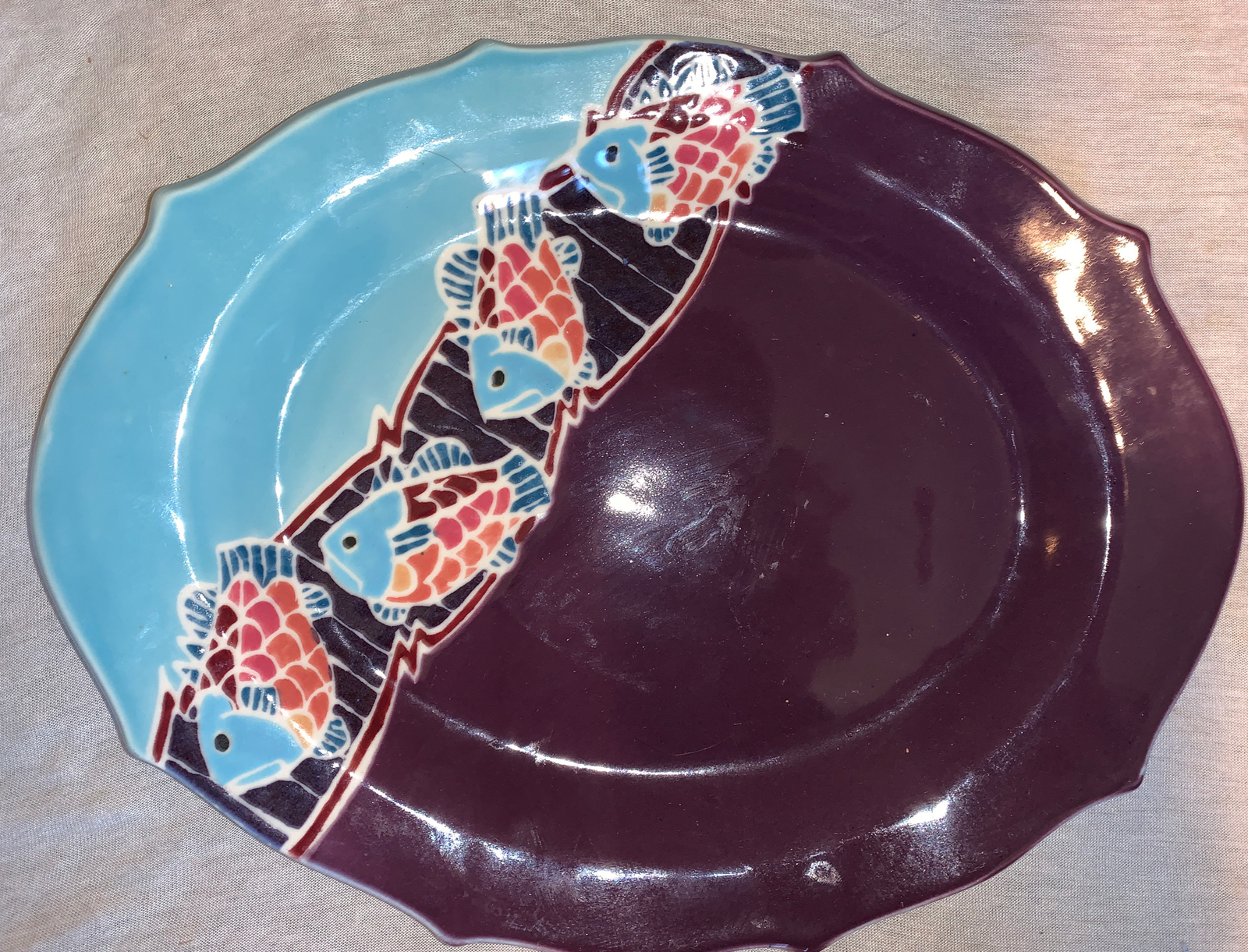 Handmade Studio Art Signed Judith Poe Pottery Oval Serving Platter Fish Summer Handmade Studio Art Signed Judith Poe Pottery Oval Serving Platter Fish Summer