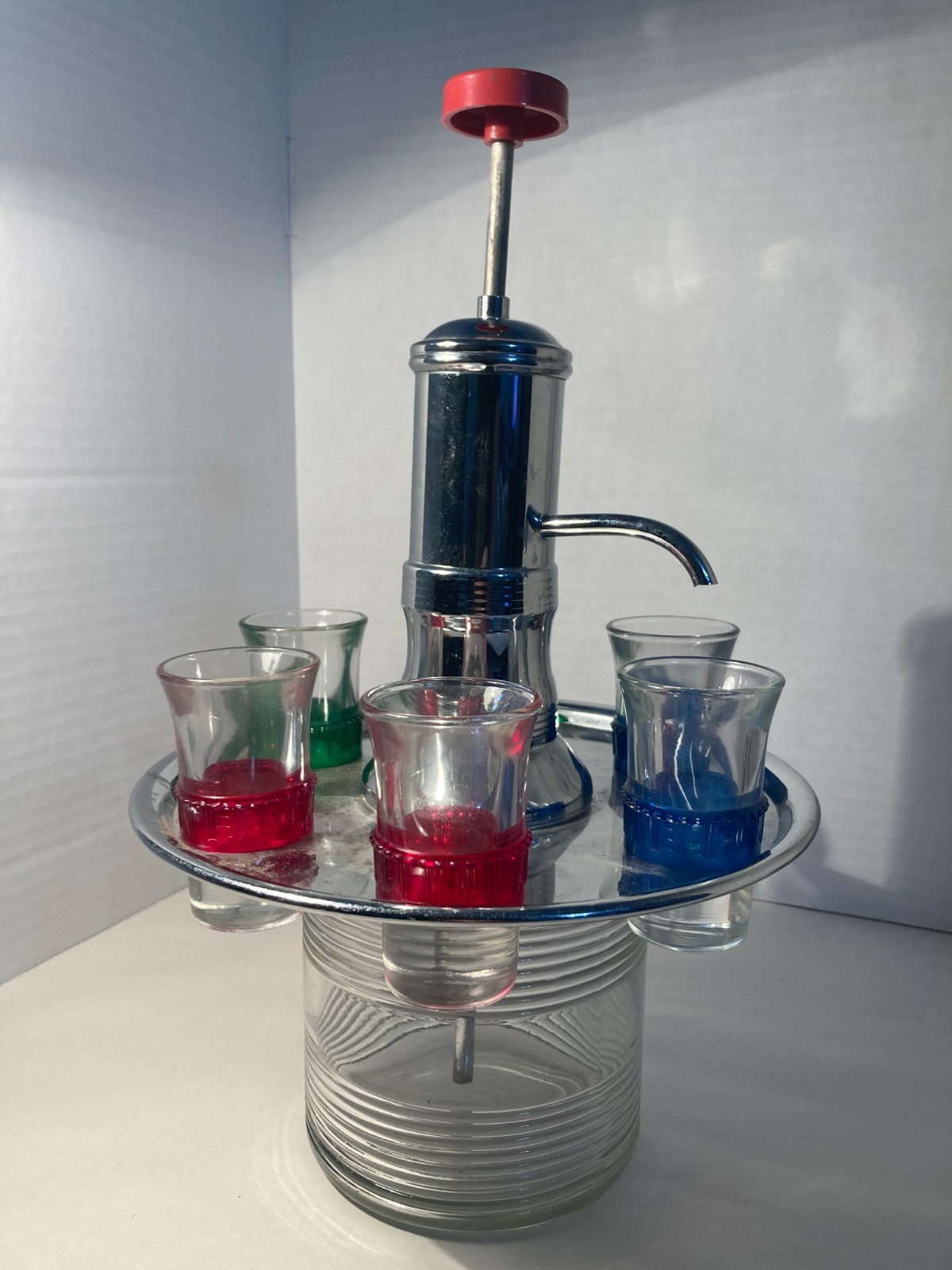 Vintage 1950s Chrome Pump Carousel Liquor Cordial Dispenser 6 Shot Glass Caddy