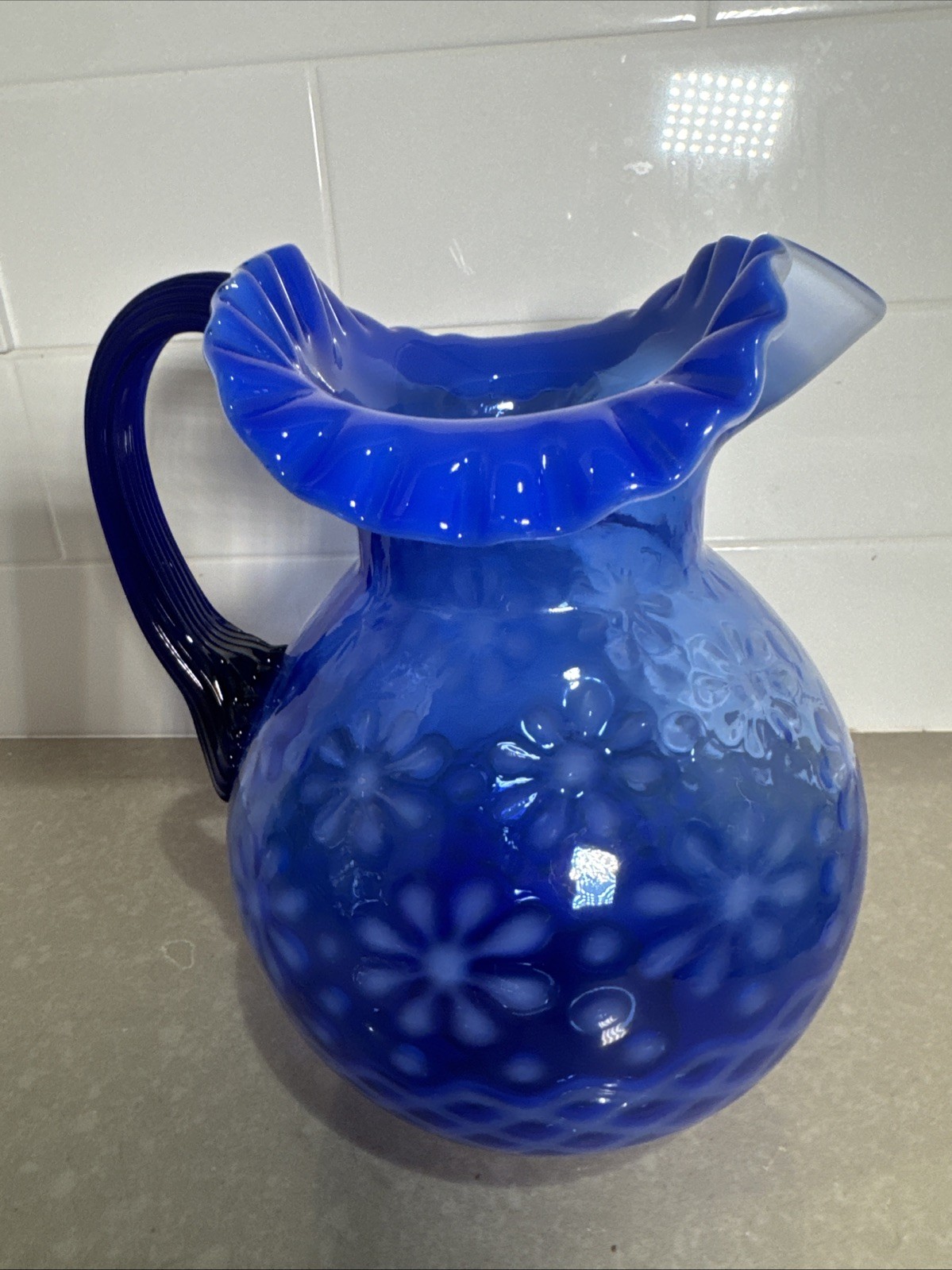 VINTAGE FENTON ART GLASS COLBALT BLUE OPALESCENT SNOWFLAKE PITCHER 9.5”