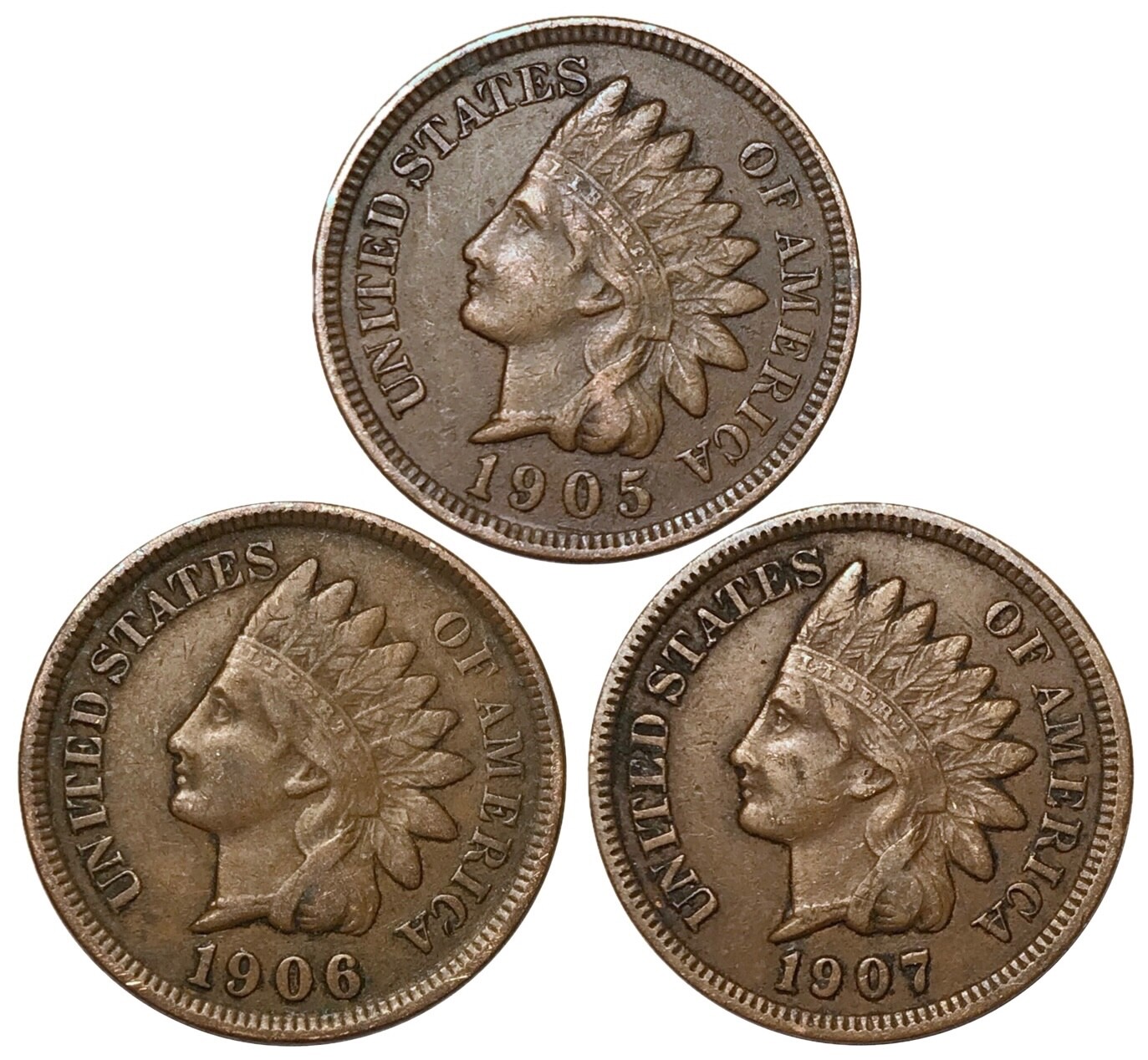 1905 1906 1907 Indian Head Cent Pennies FULL LIBERTY VF XF - Nice 3 Coin Lot